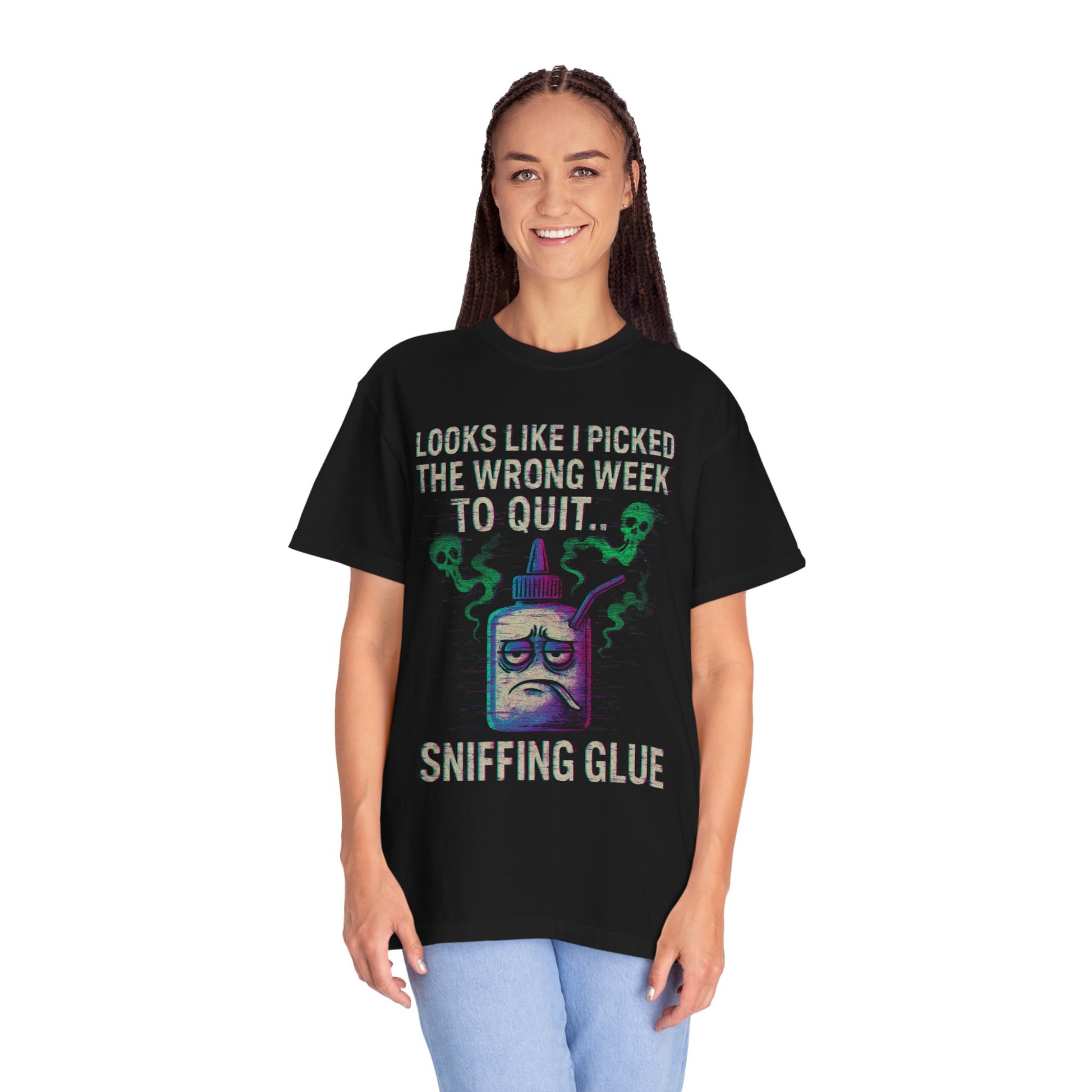 Black Printify tee with distressed glue bottle graphic and captioned quitting joke sniffing glue movie quote meme  unisex shirt