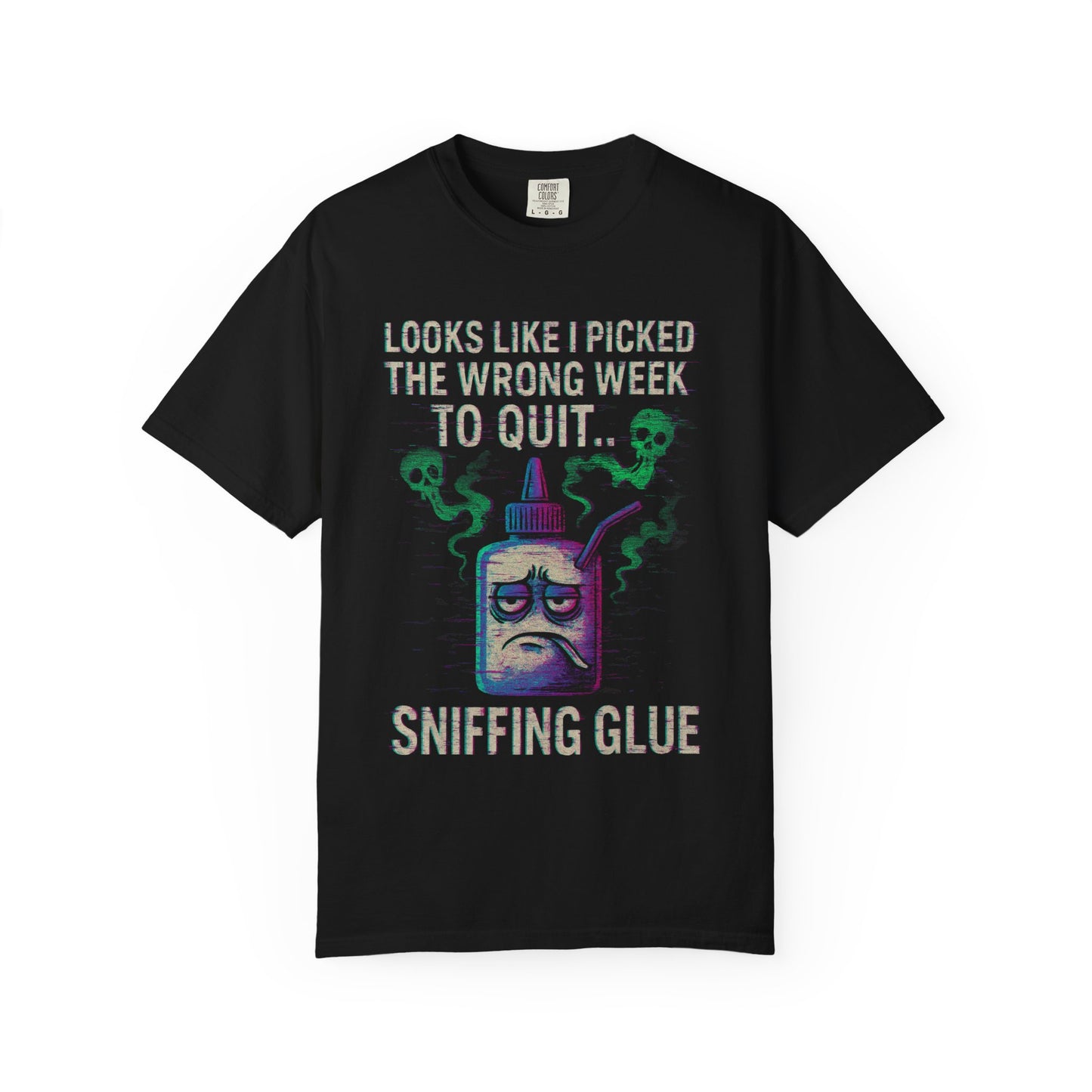 Black Printify tee with sad glue bottle graphic and text sniffing glue movie quote meme  unisex shirt