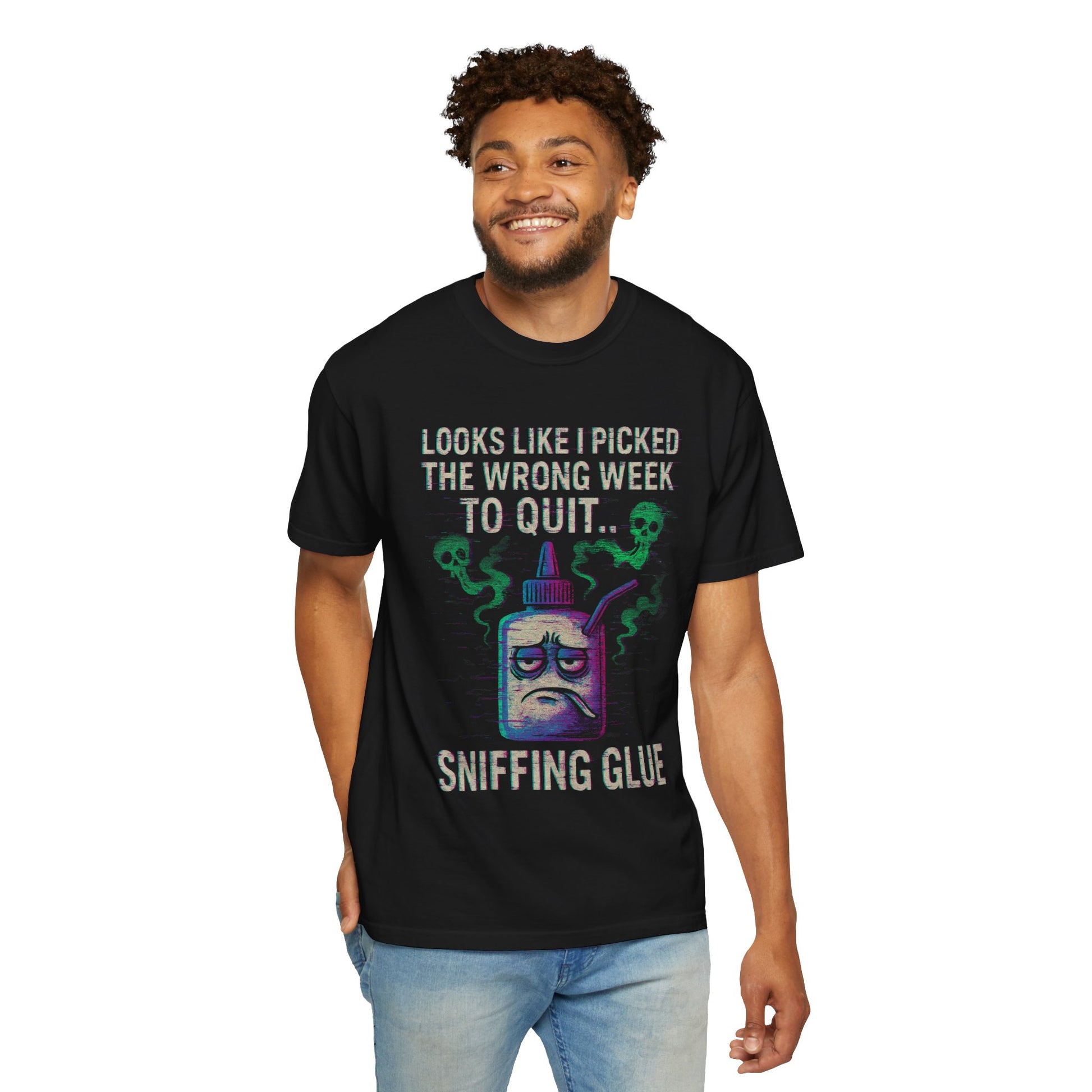 Printify black tee with sad glue bottle and caption sniffing glue movie quote meme  unisex shirt
