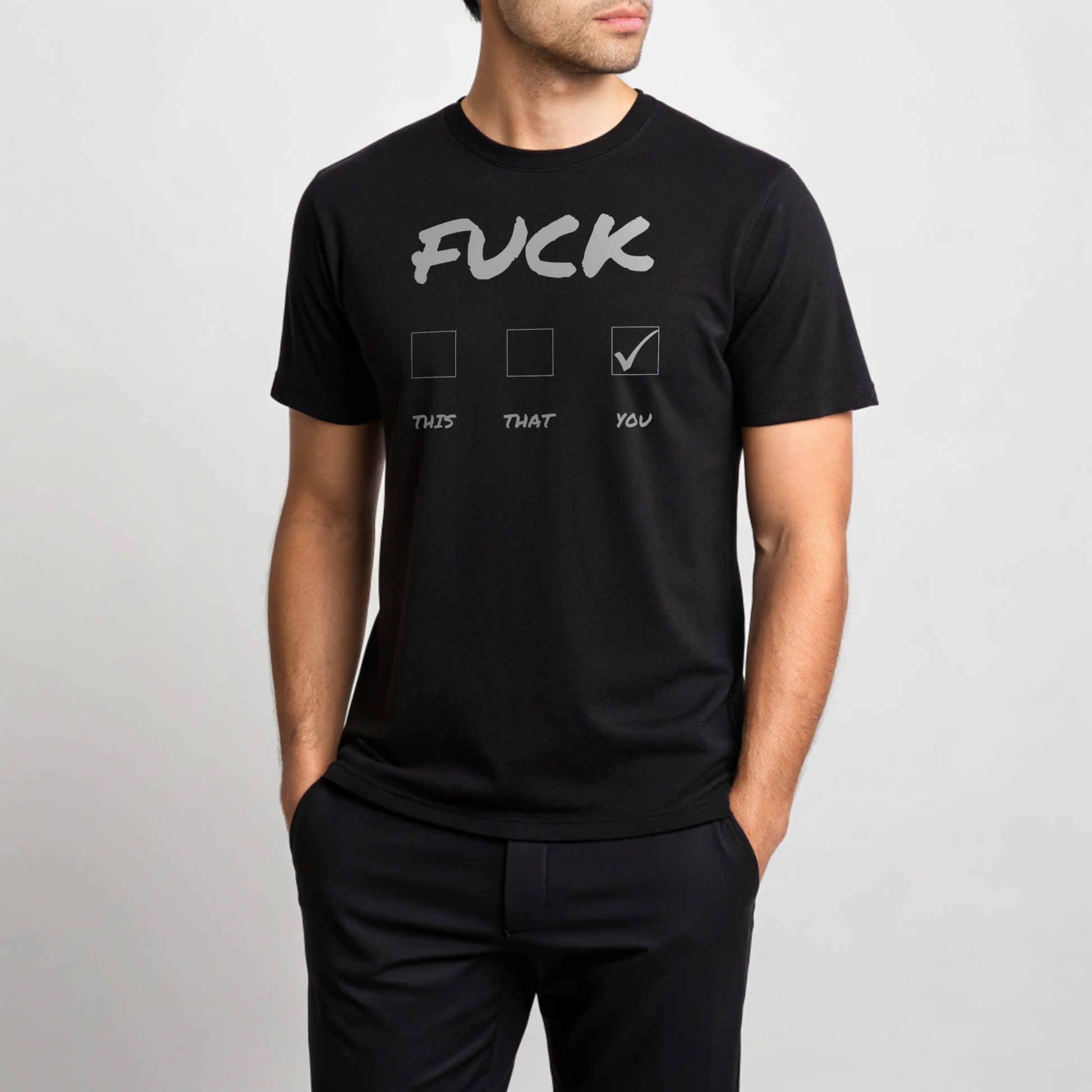 Printify black crew neck t-shirt with bold FUCK and checked you checkbox, Fuck you funny offensive graphic t-shirt