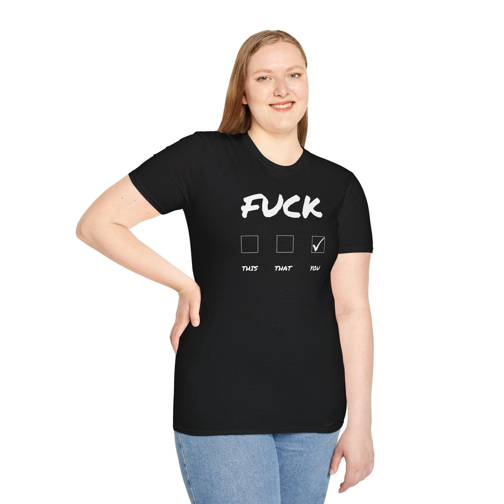 Printify black tee with Fuck you funny offensive graphic t-shirt. bold checkbox design checked you worn by model