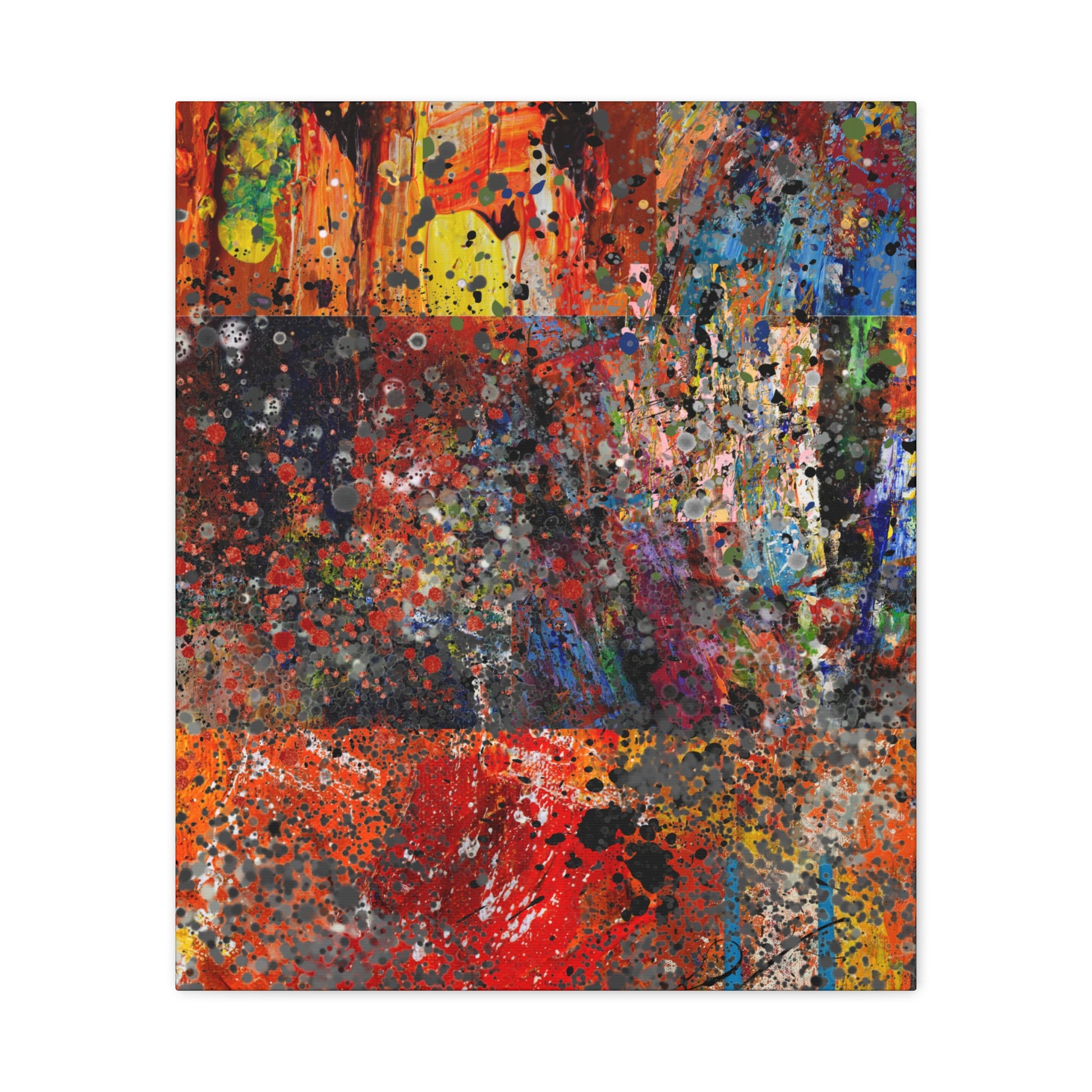 Printify red and orange abstract art canvas print with vibrant multicolor splatter design