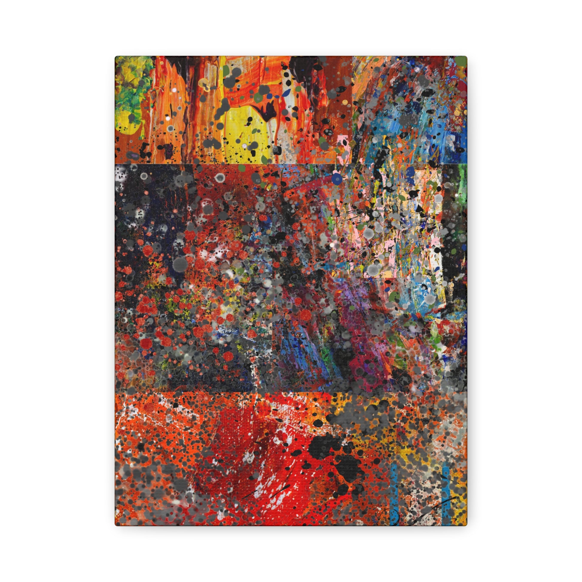Red and orange abstract art canvas print with vibrant splashes and textured layers by Printify