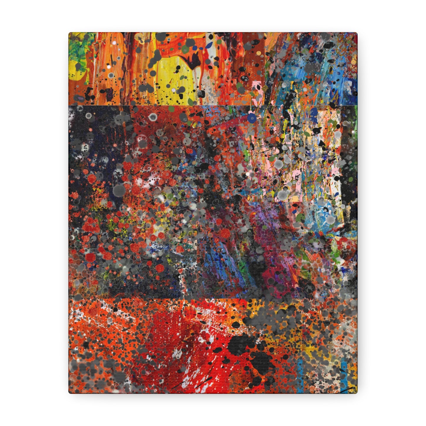 Red and orange abstract art canvas print with multicolor splatter design by Printify