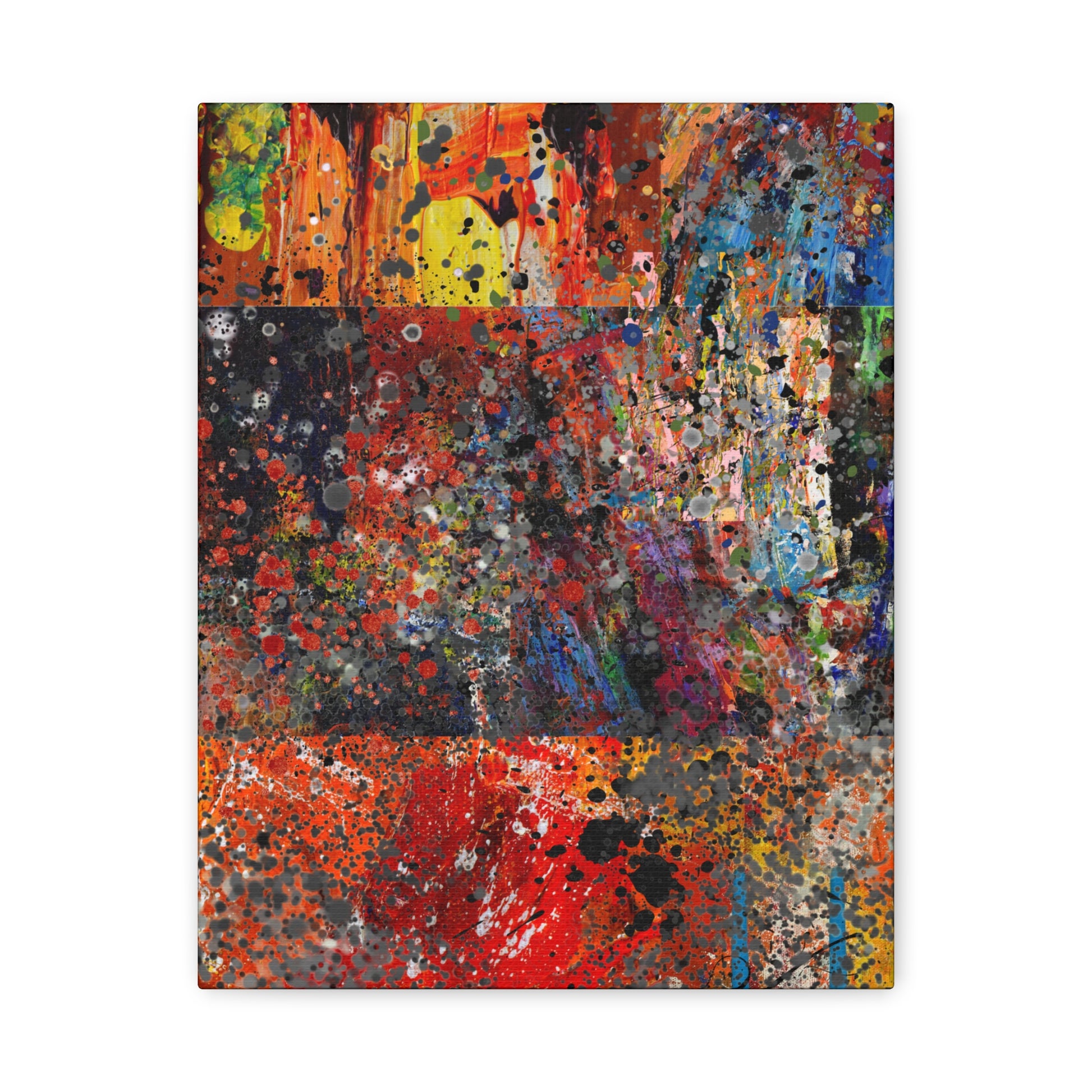 Red and orange abstract art canvas print with vibrant splashes and mixed colors by Printify