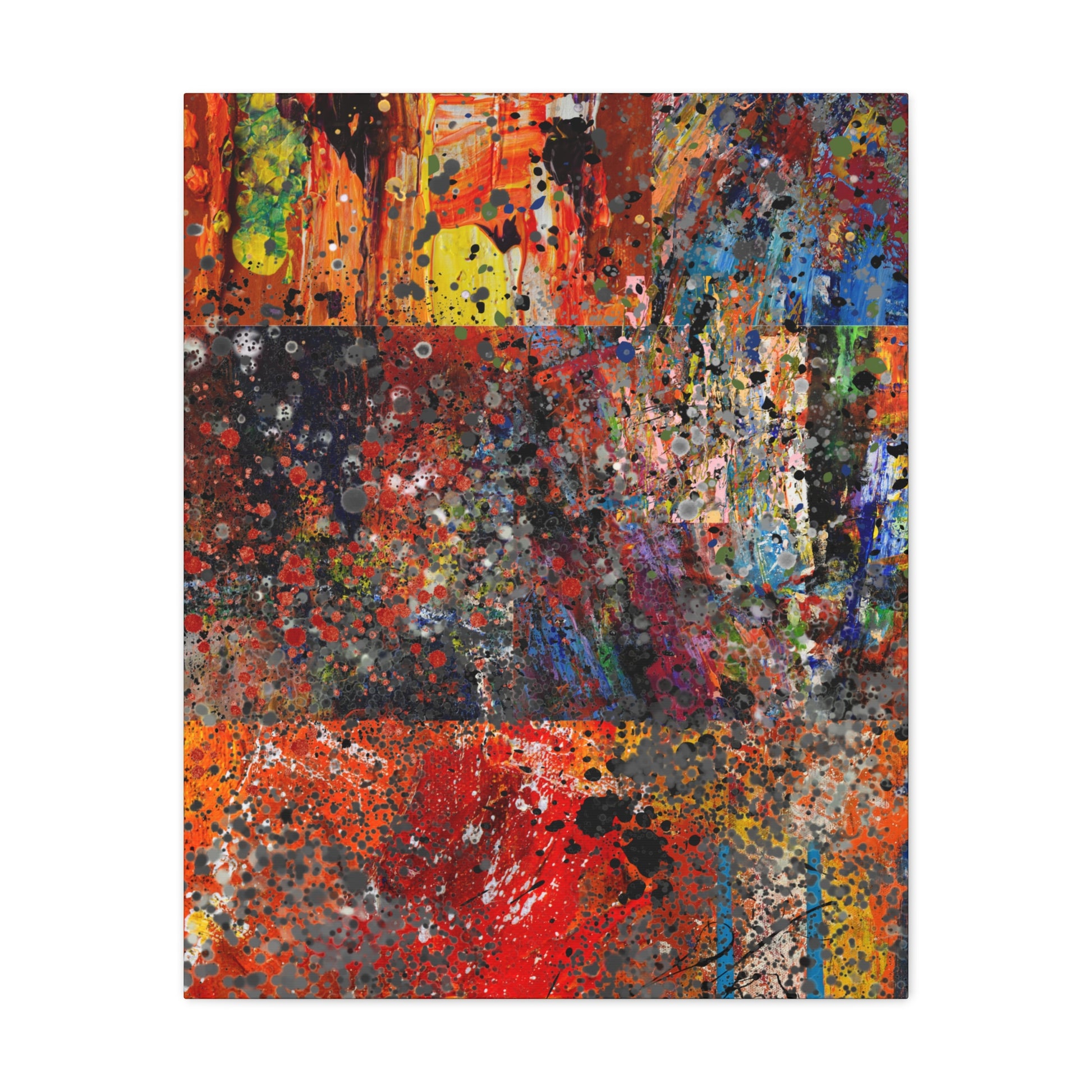 Printify red and orange abstract art canvas print with vibrant splashes and textured brushstrokes