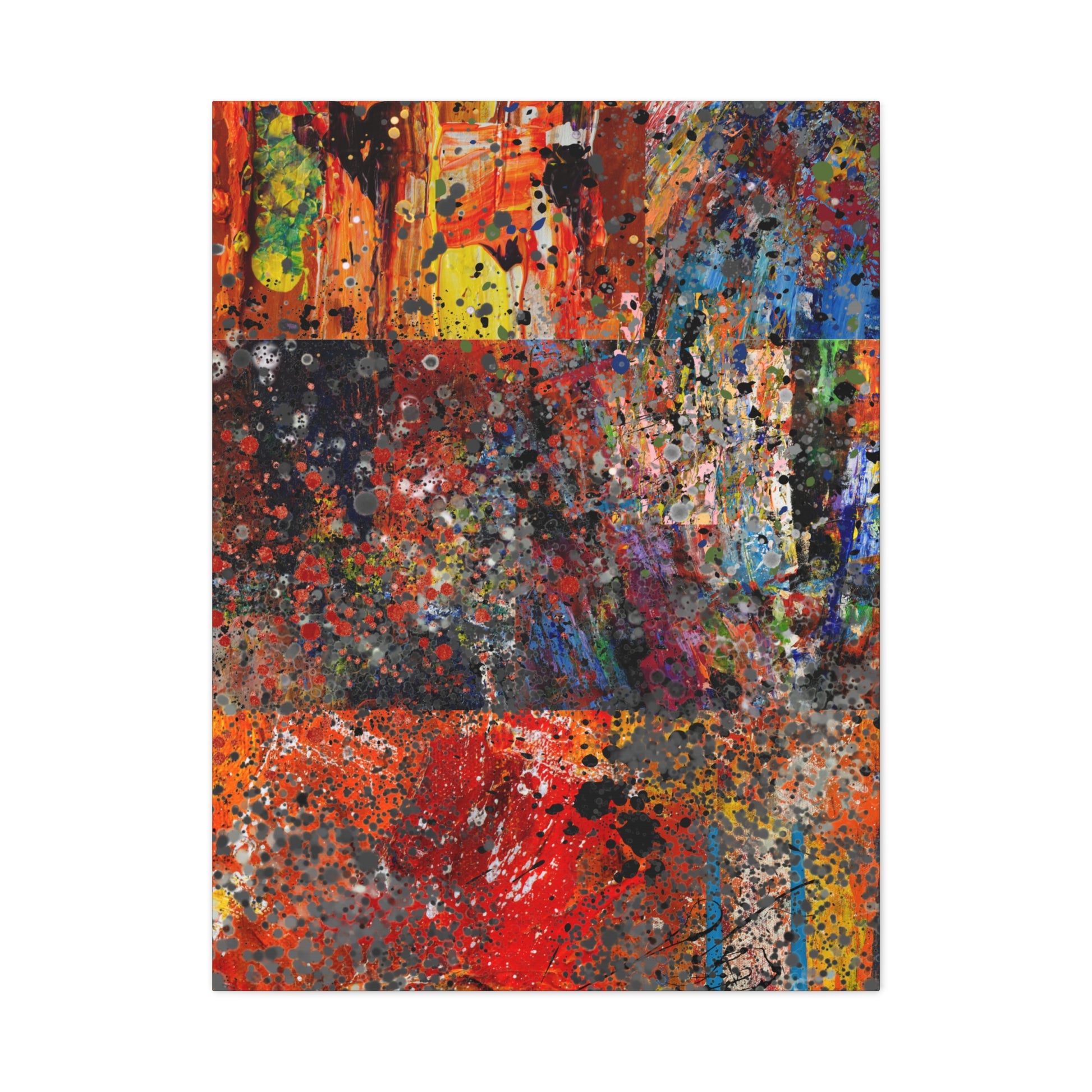 Printify red and orange abstract art canvas print with vibrant splashes and mixed colors