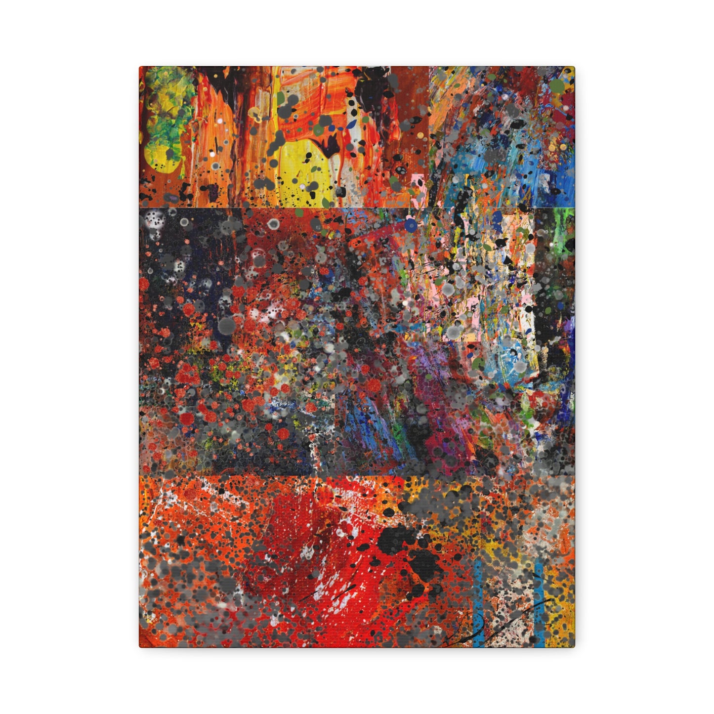 Red and orange abstract art canvas print by Printify featuring vibrant mixed colors and textured design