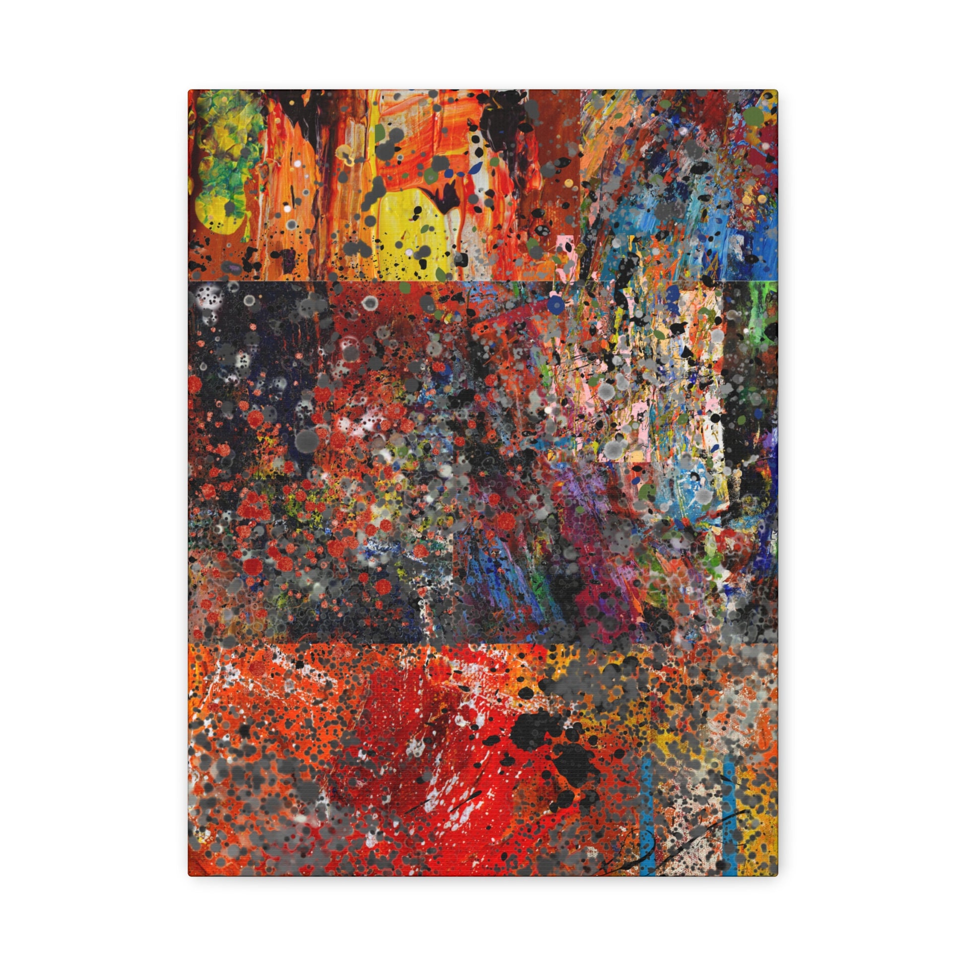 Red and orange abstract art canvas print by Printify featuring vibrant mixed colors and textured design