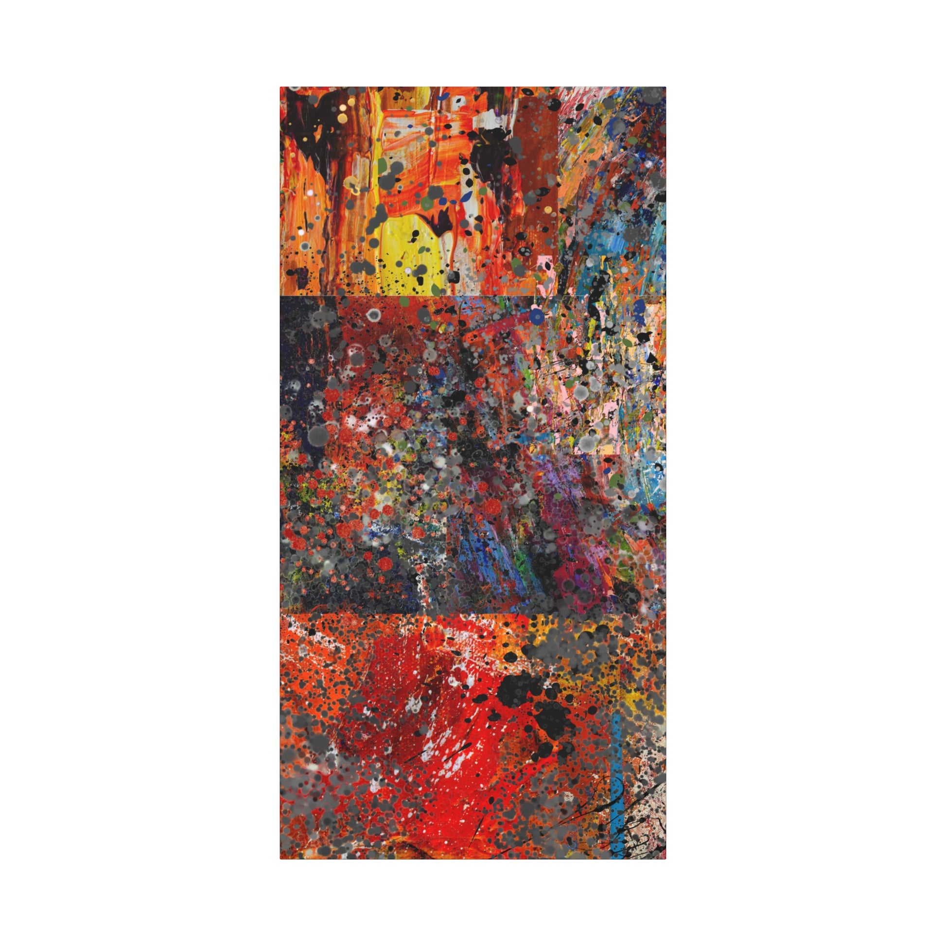 Printify red and orange abstract art canvas print with vibrant splashes and textured design