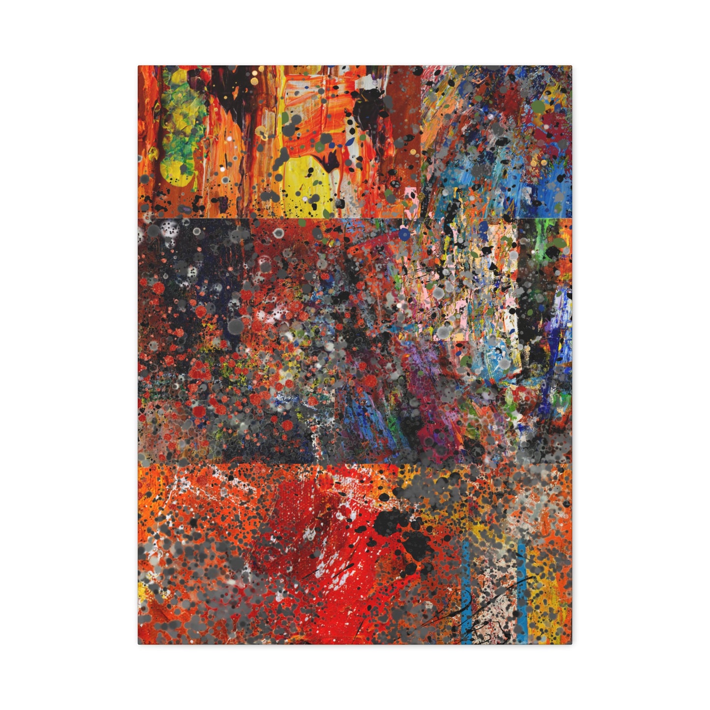Red and orange abstract art canvas print with splattered paint design by Printify