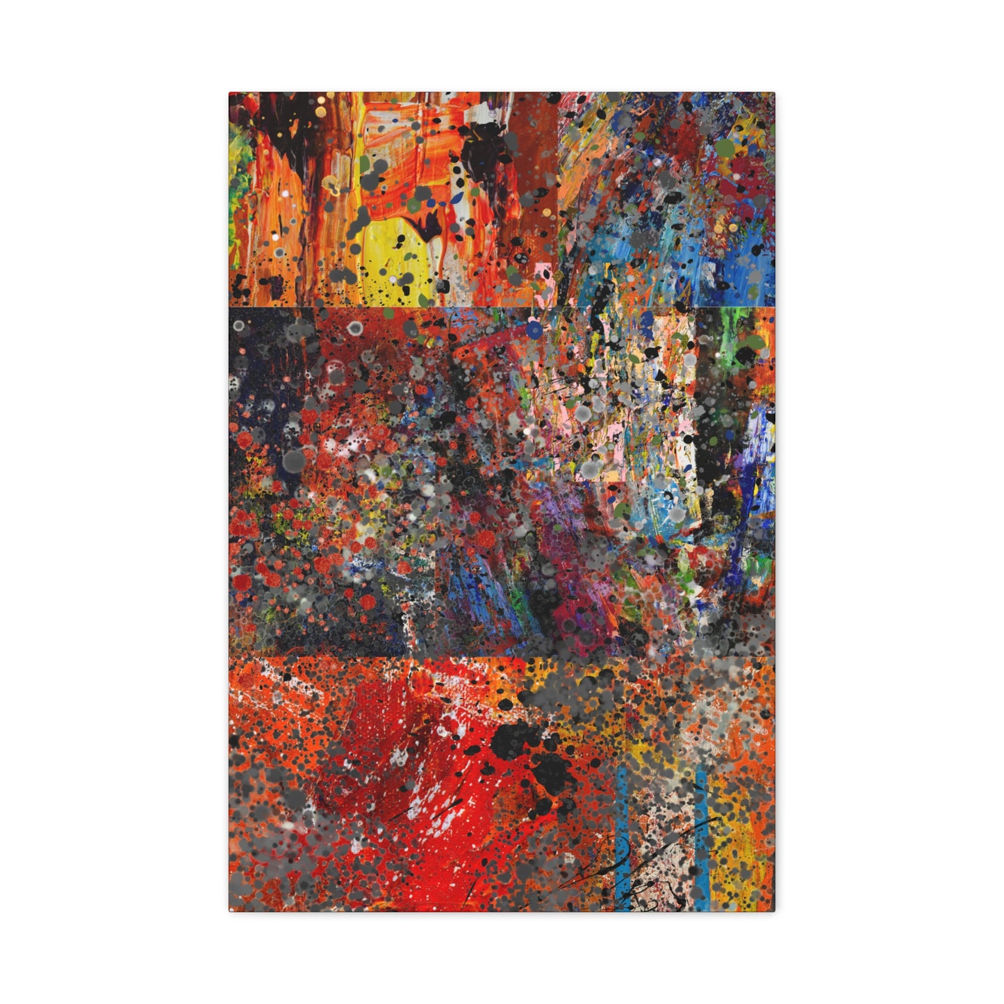 Printify red and orange abstract art canvas print with vibrant splashes and textured details