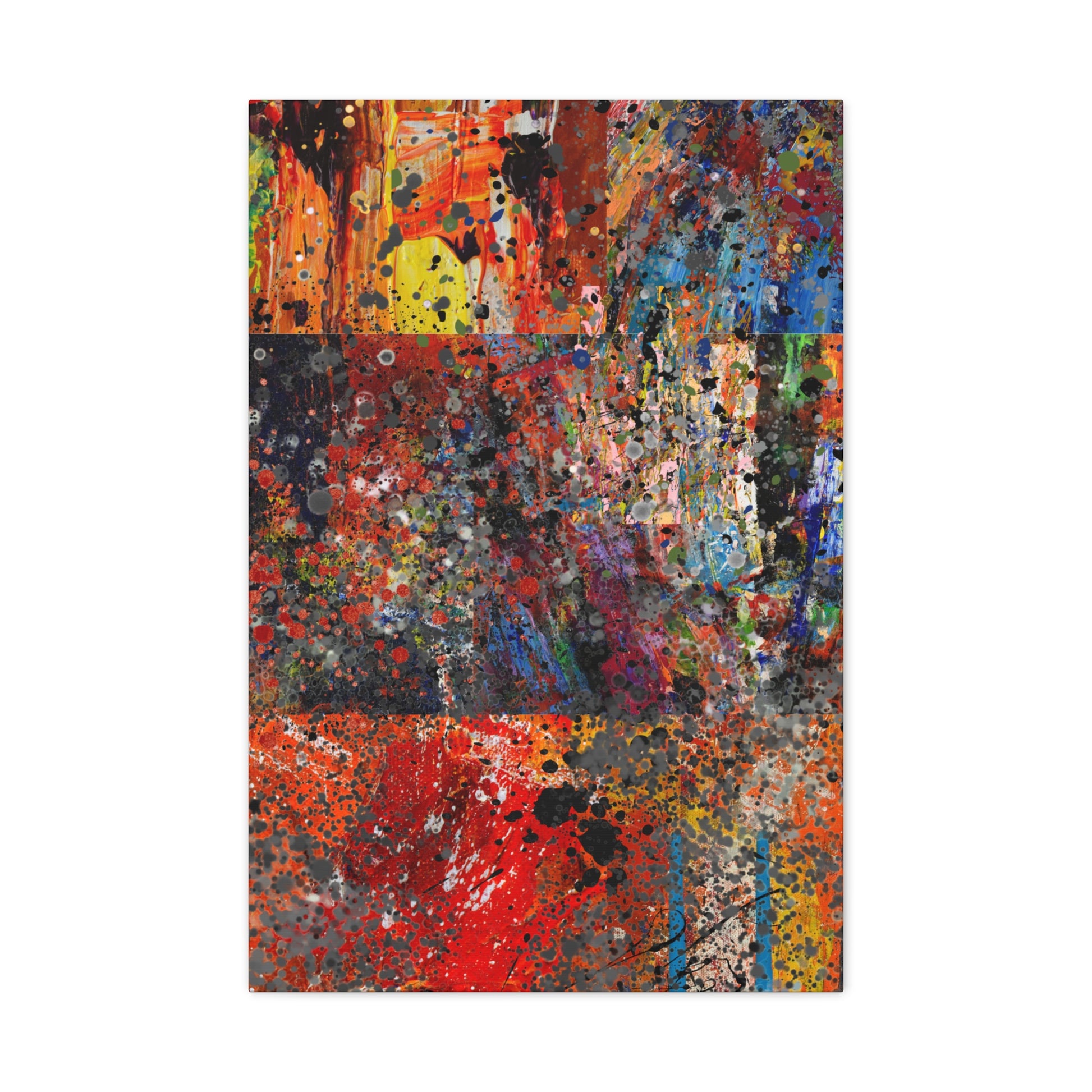 Printify red and orange abstract art canvas print with vibrant splashes and textured details