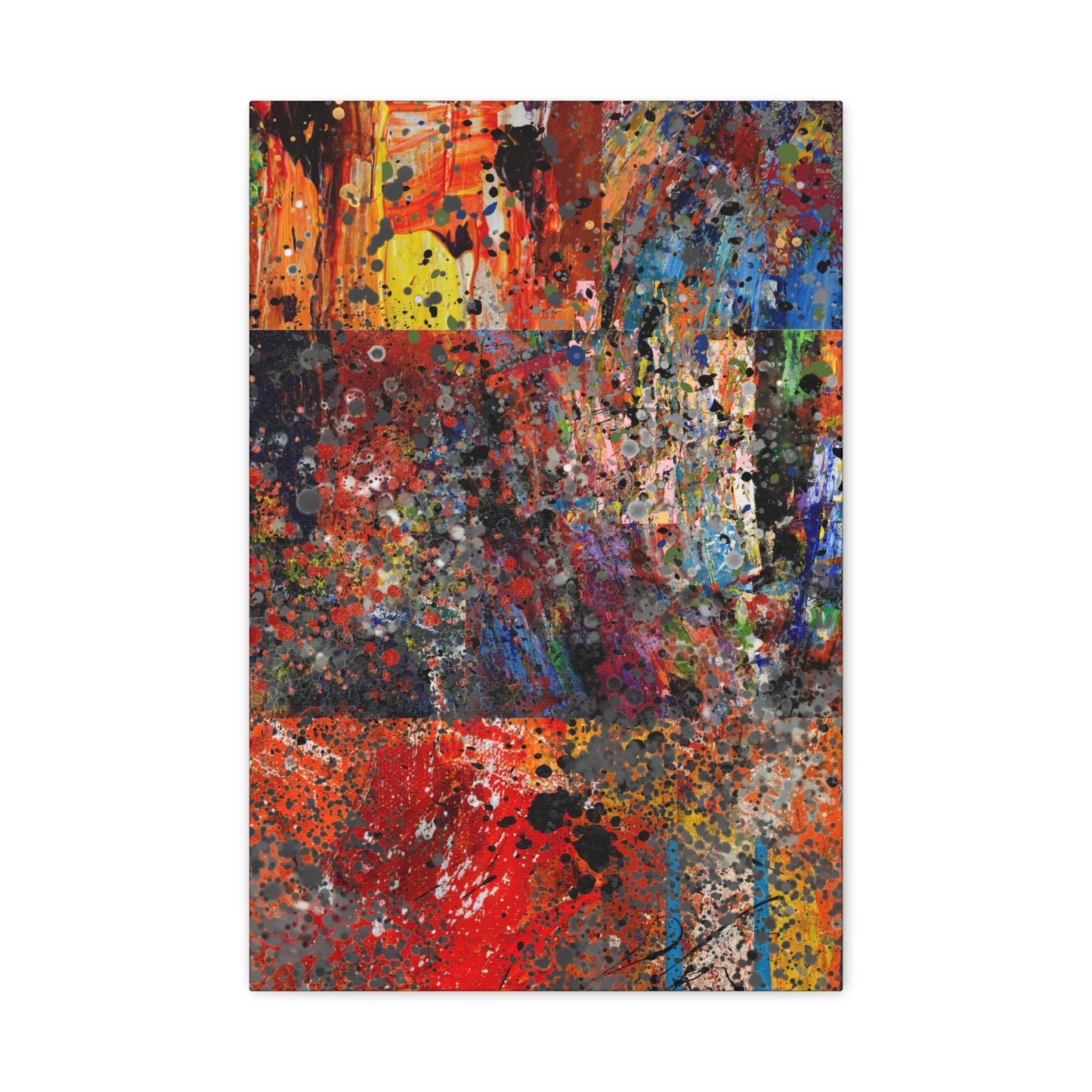 Printify red and orange abstract art canvas print with vibrant splashes and dynamic patterns