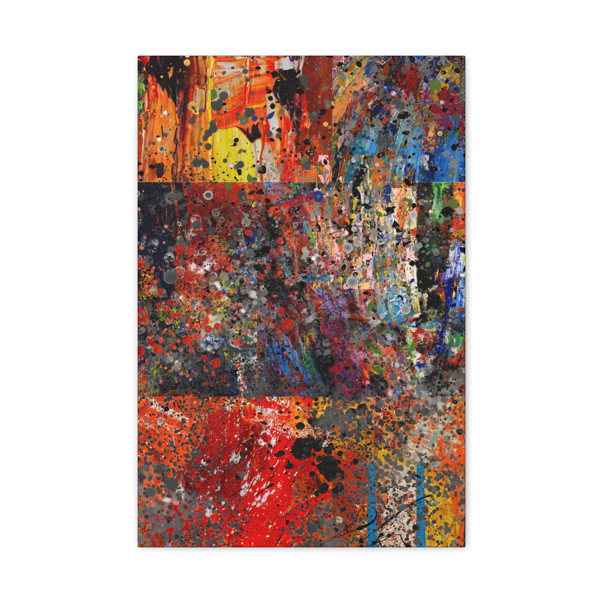Printify red and orange abstract art canvas print with vibrant splashes and dynamic patterns