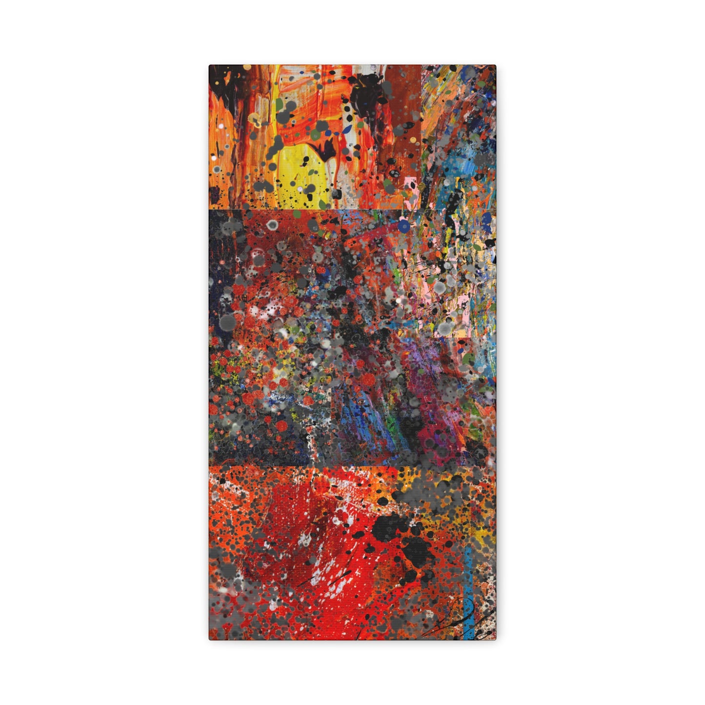 Printify red and orange abstract art canvas print with vibrant paint splatters and textured design