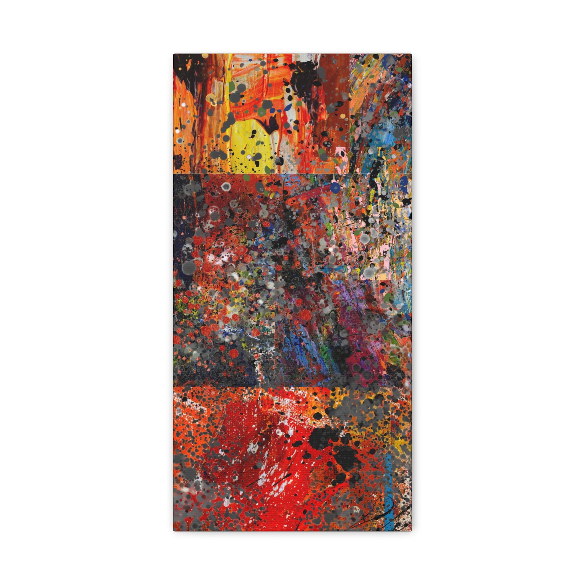 Printify red and orange abstract art canvas print with vibrant paint splatters and textured design