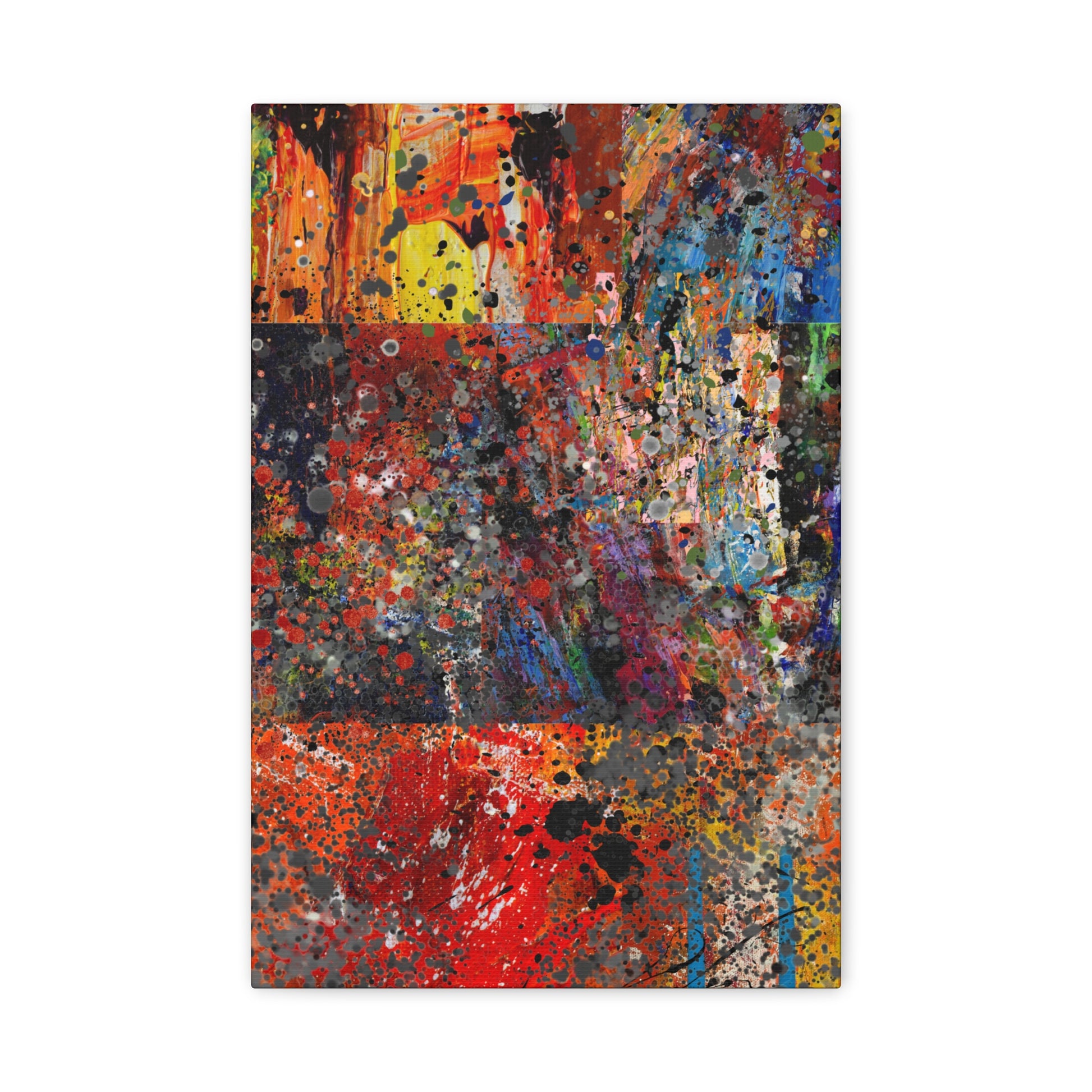 Printify red and orange abstract art canvas print with vibrant splashes of color on white background