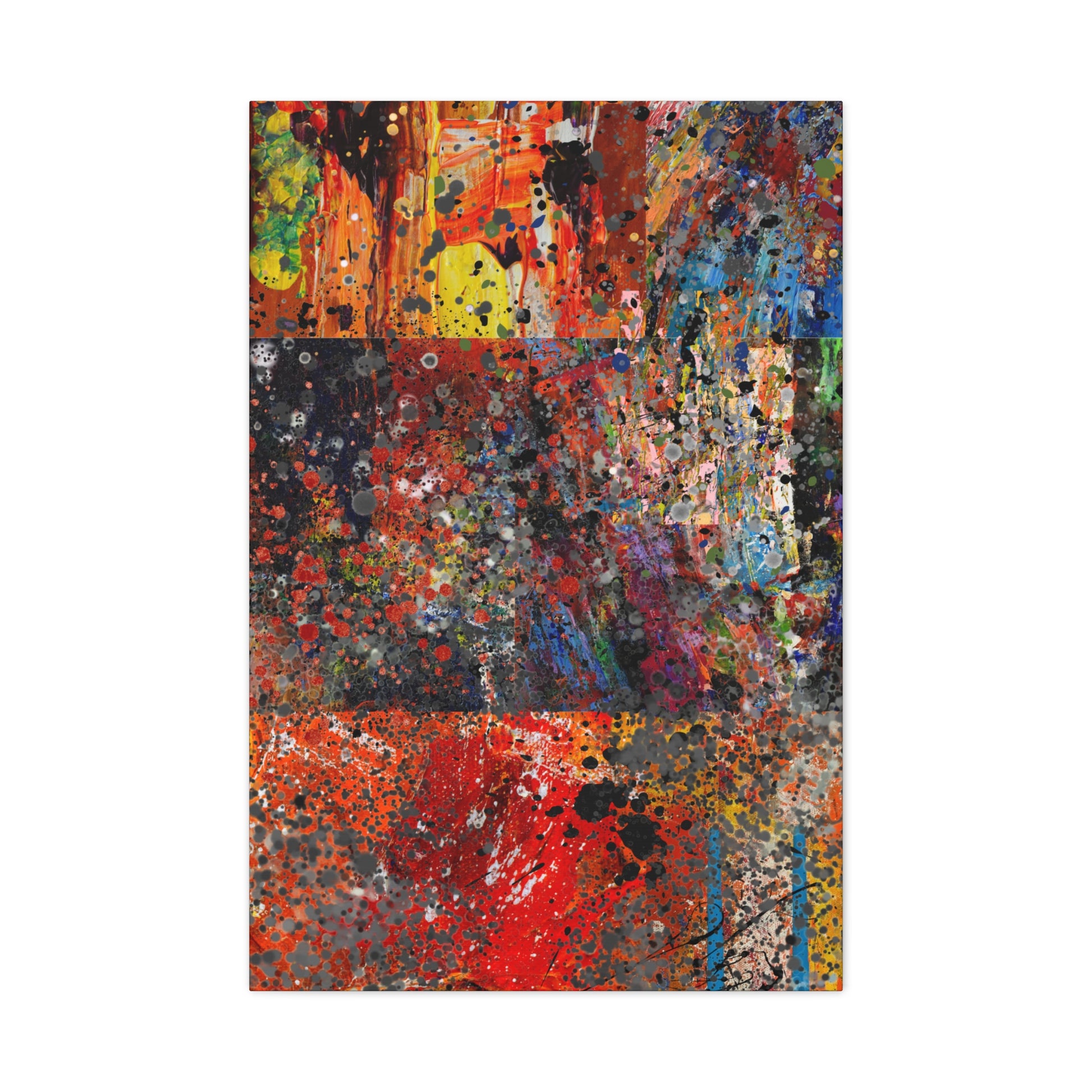 Red and orange abstract art canvas print by Printify featuring vibrant splashes and textures