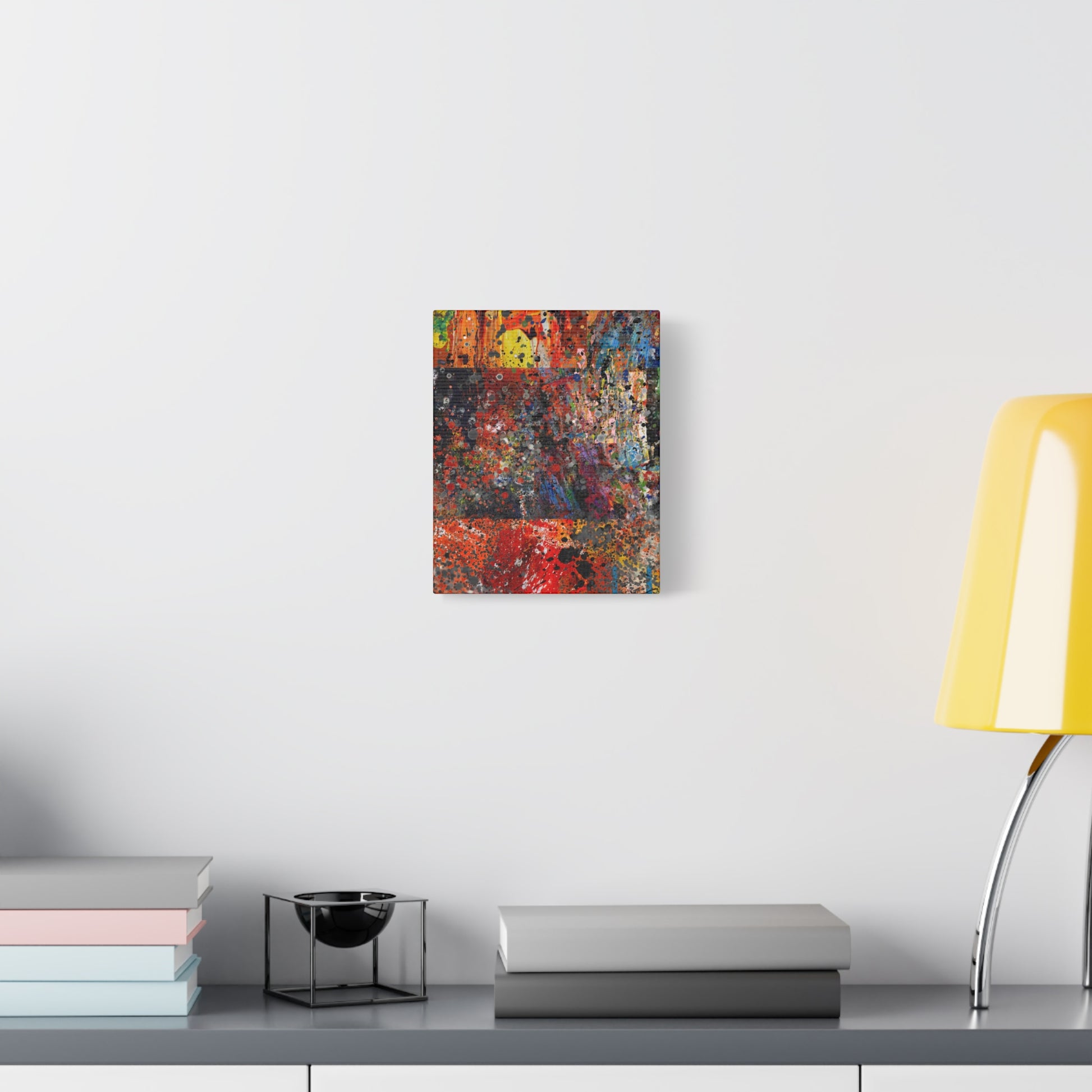 Printify red and orange abstract art canvas print hanging on white wall above modern shelf with decorative items