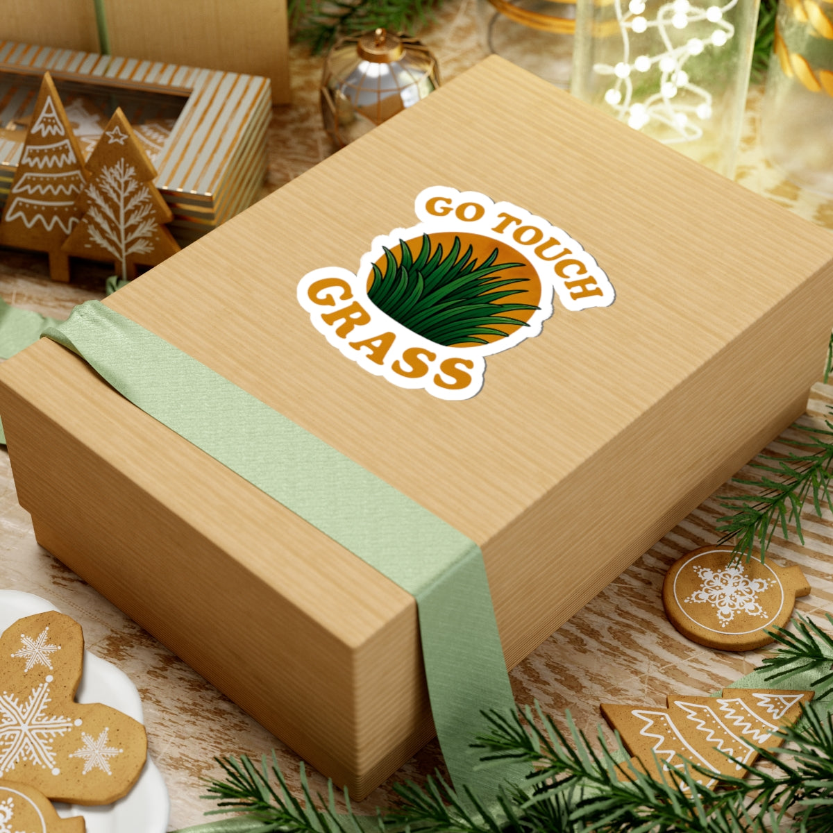 Printify kraft paper gift box with go touch grass funny meme kiss sticker green grass decal