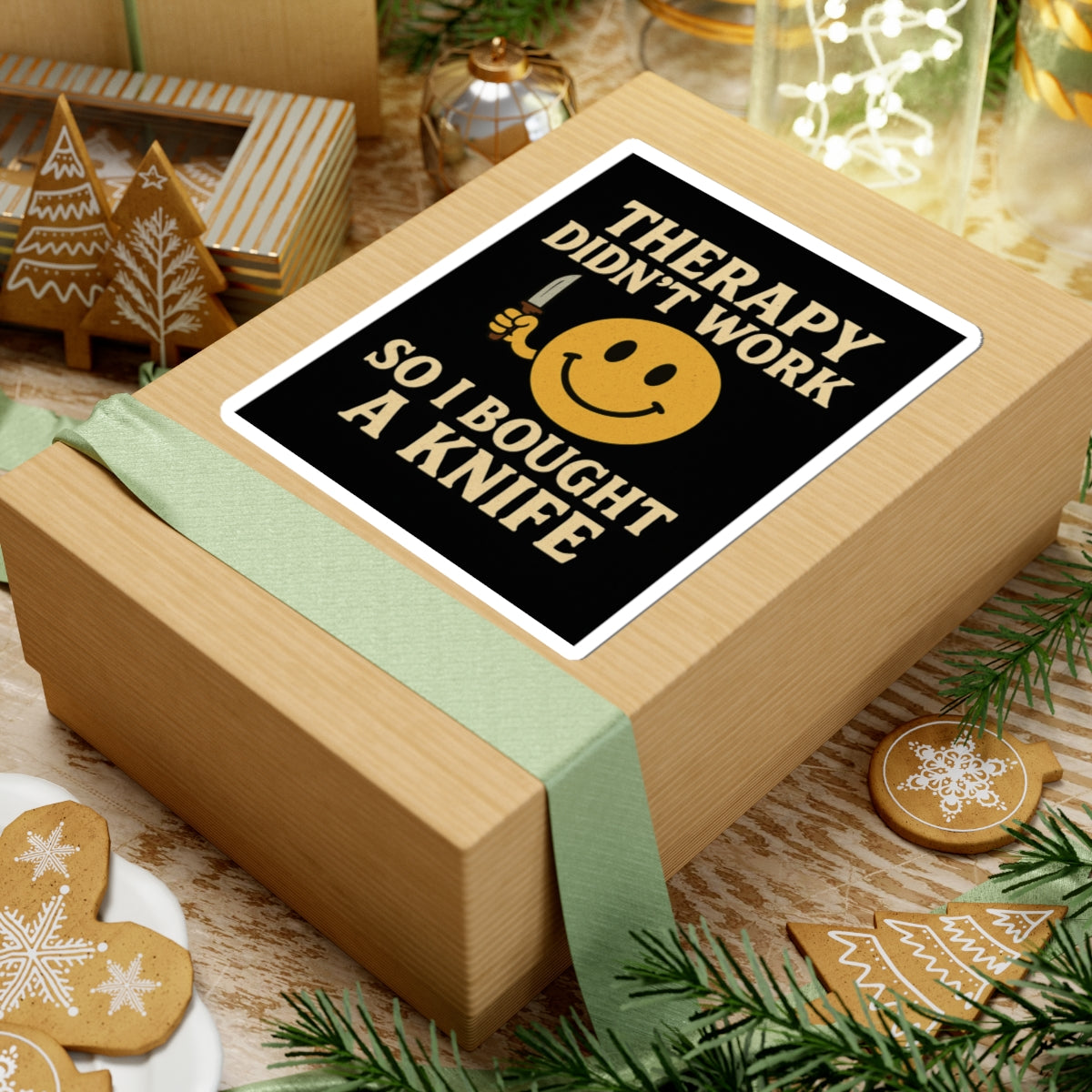 Dark humor smiley sticker featuring text therapy didn't work so i bought a knife on a gift box