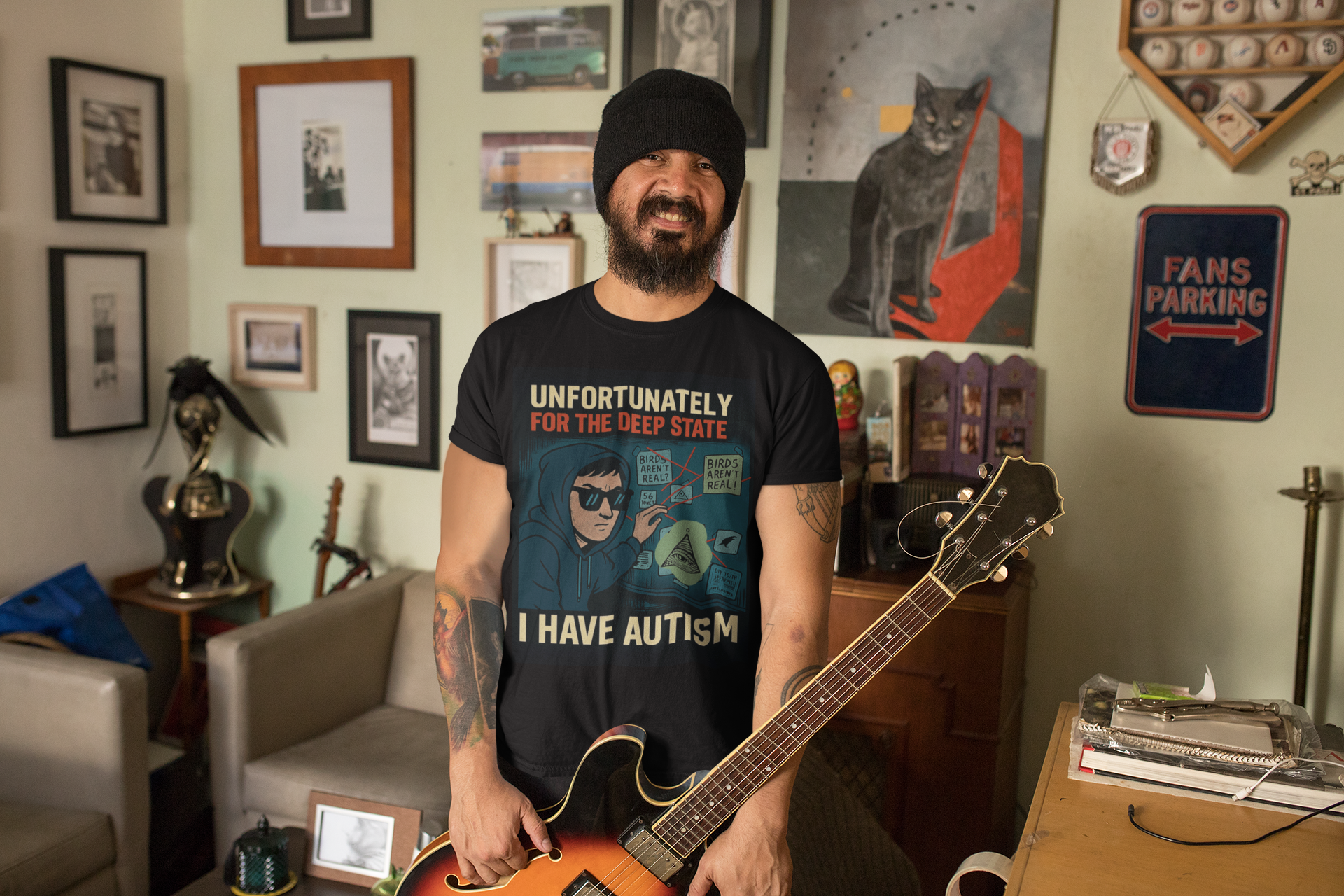 Man wearing Unfortunately for the deep state I have autism meme unisex shirt while holding a guitar in a cozy room