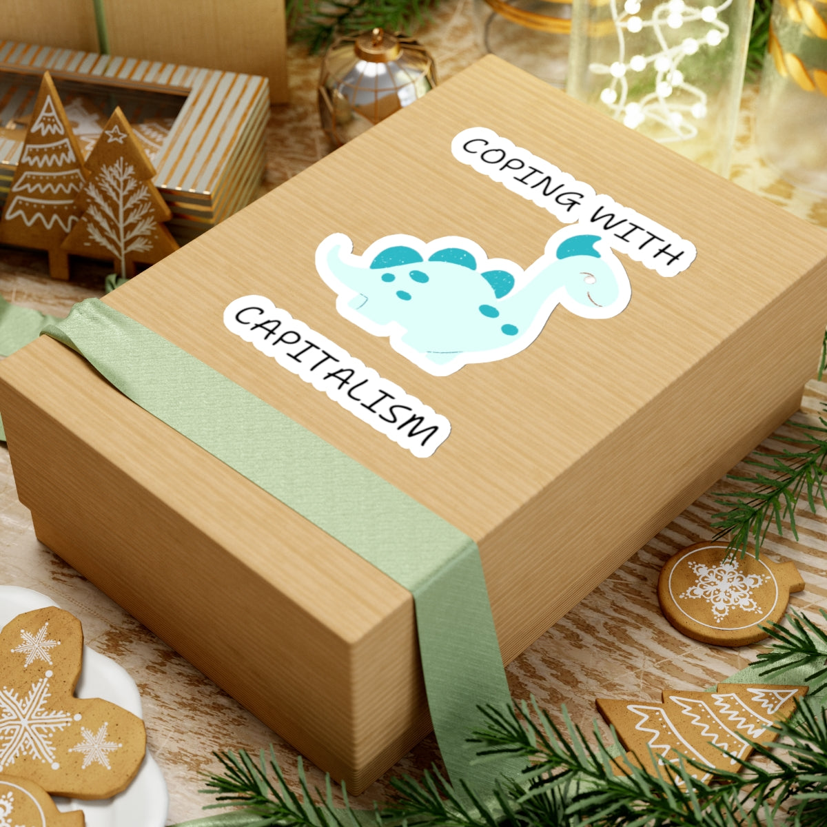 Unique sarcastic cute dinosaur sticker with blue dinosaur and text on gift box in holiday setting
