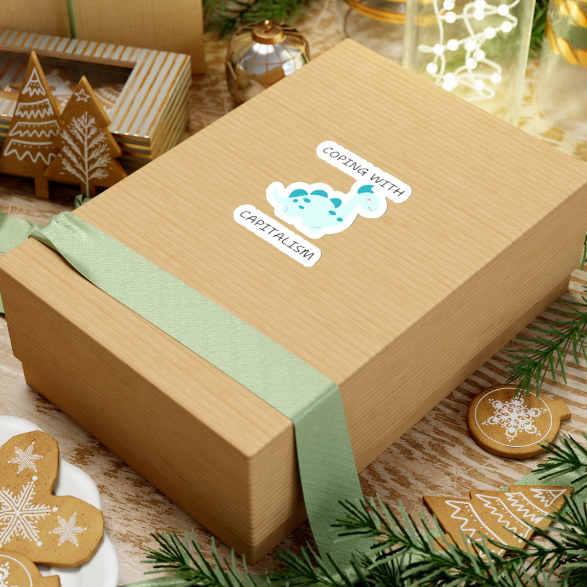 Unique sarcastic cute dinosaur sticker on a brown gift box with green ribbon and holiday decorations
