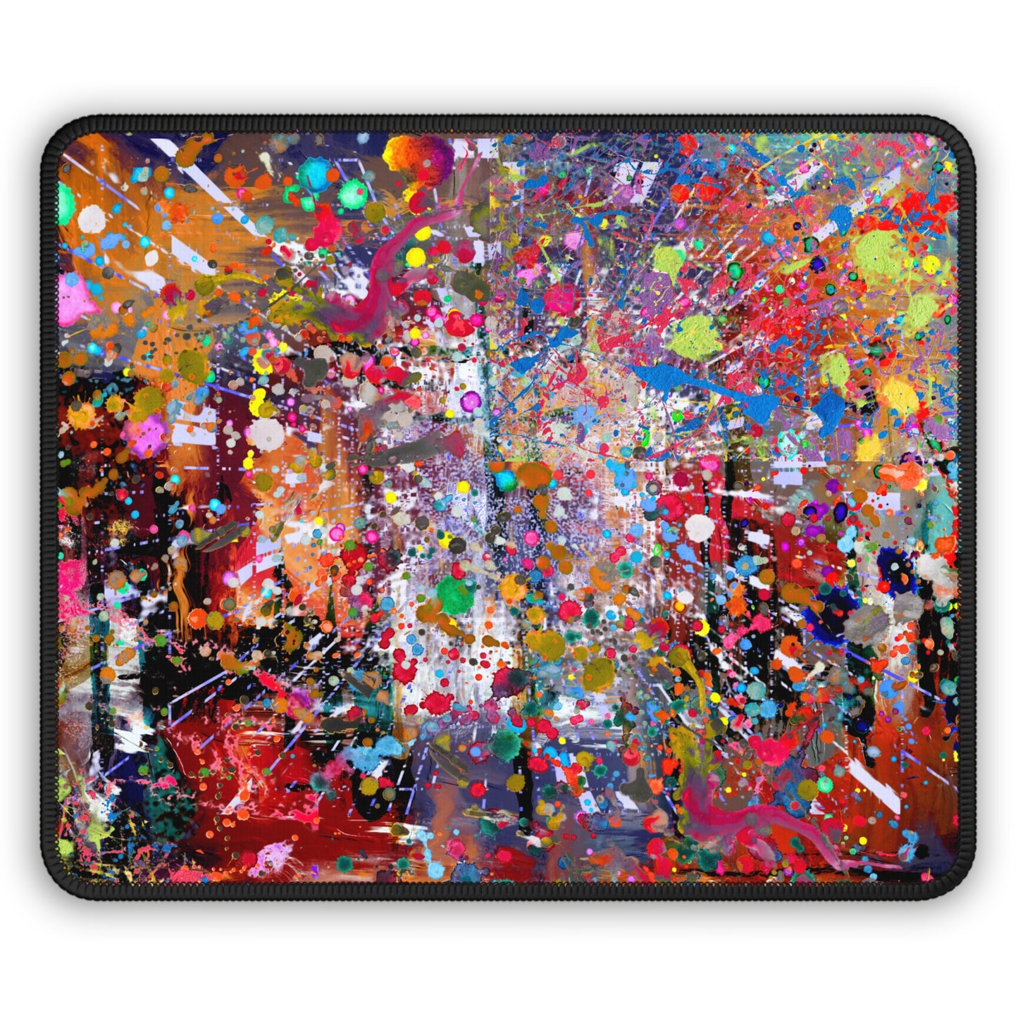 Urban chaos abstract neon splatter art mousepad with vibrant colors and dynamic design