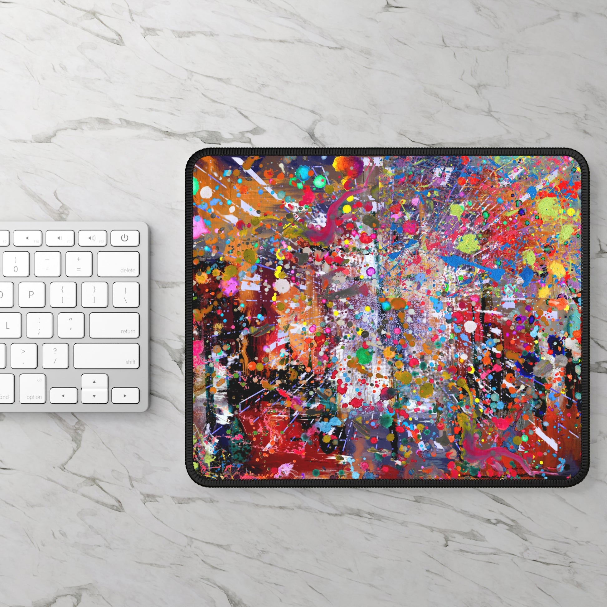 Urban chaos abstract neon splatter art mousepad with vibrant colors and artistic design