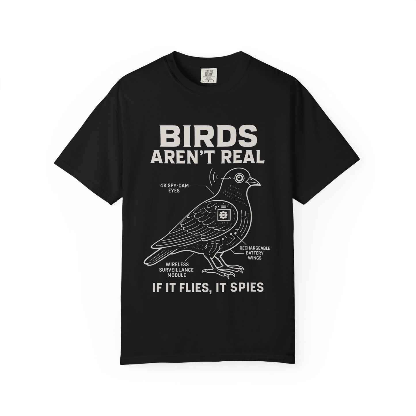Printify black tee with white schematic bird design and text birds aren't real meme shirt