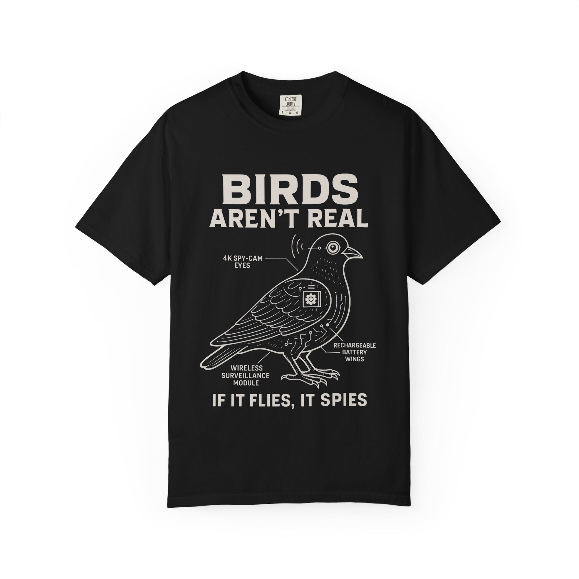Printify black tee with white schematic bird design and text birds aren't real meme shirt