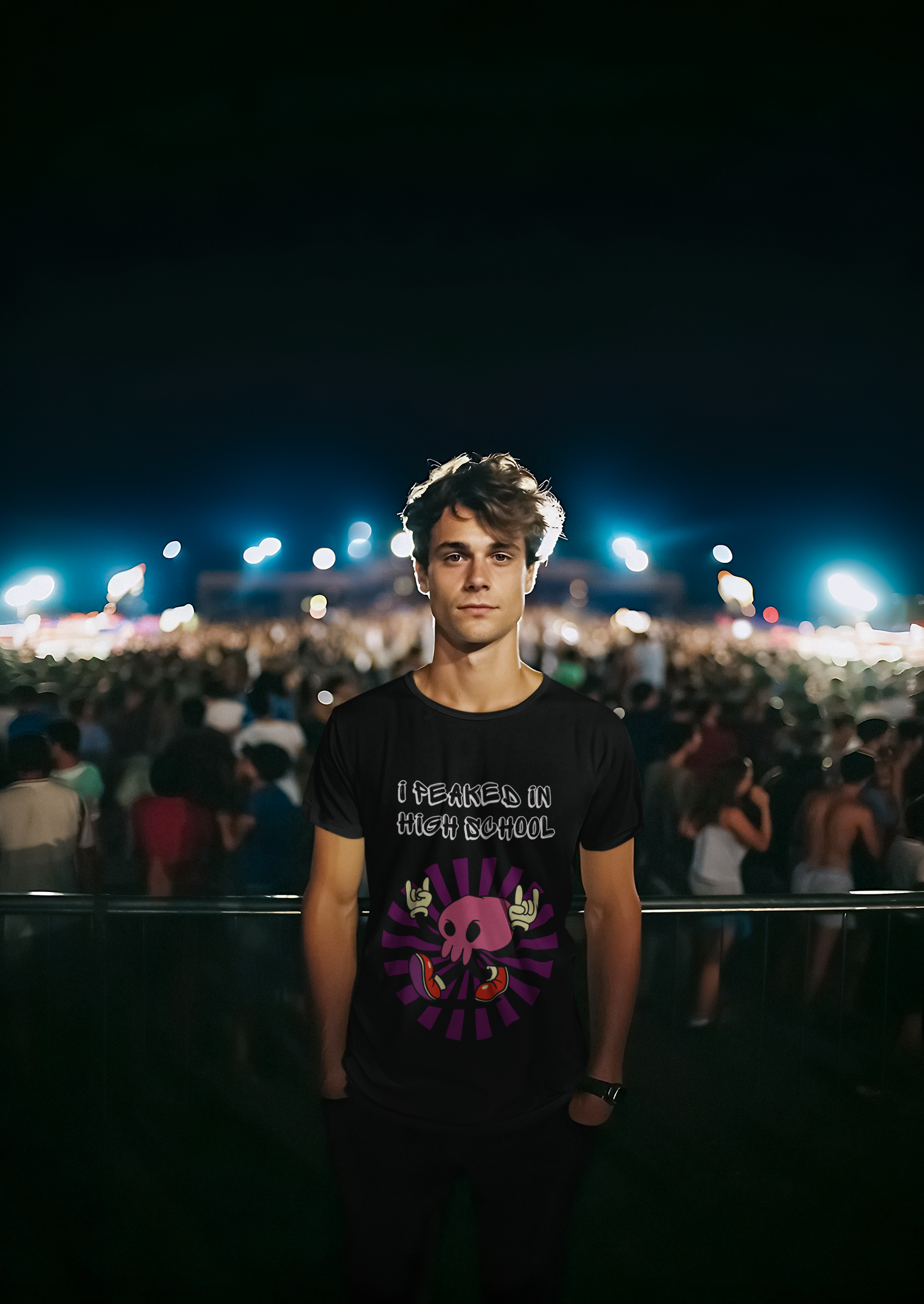 Young man at night festival wearing Printify black T shirt with purple skull graphic and I Peaked in High School funny t-shirt