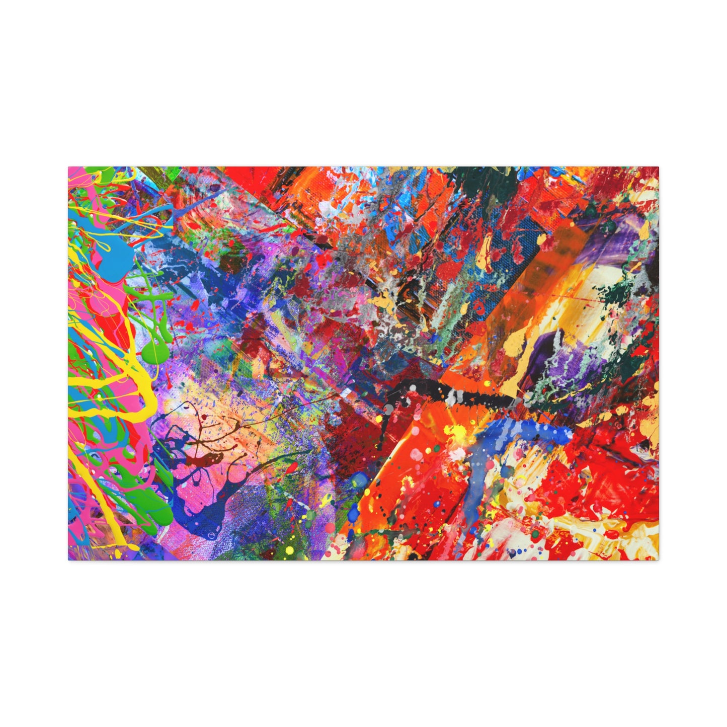 Colorful canvas abstract art print kaleidoscope collision with vibrant splashes and dynamic paint strokes