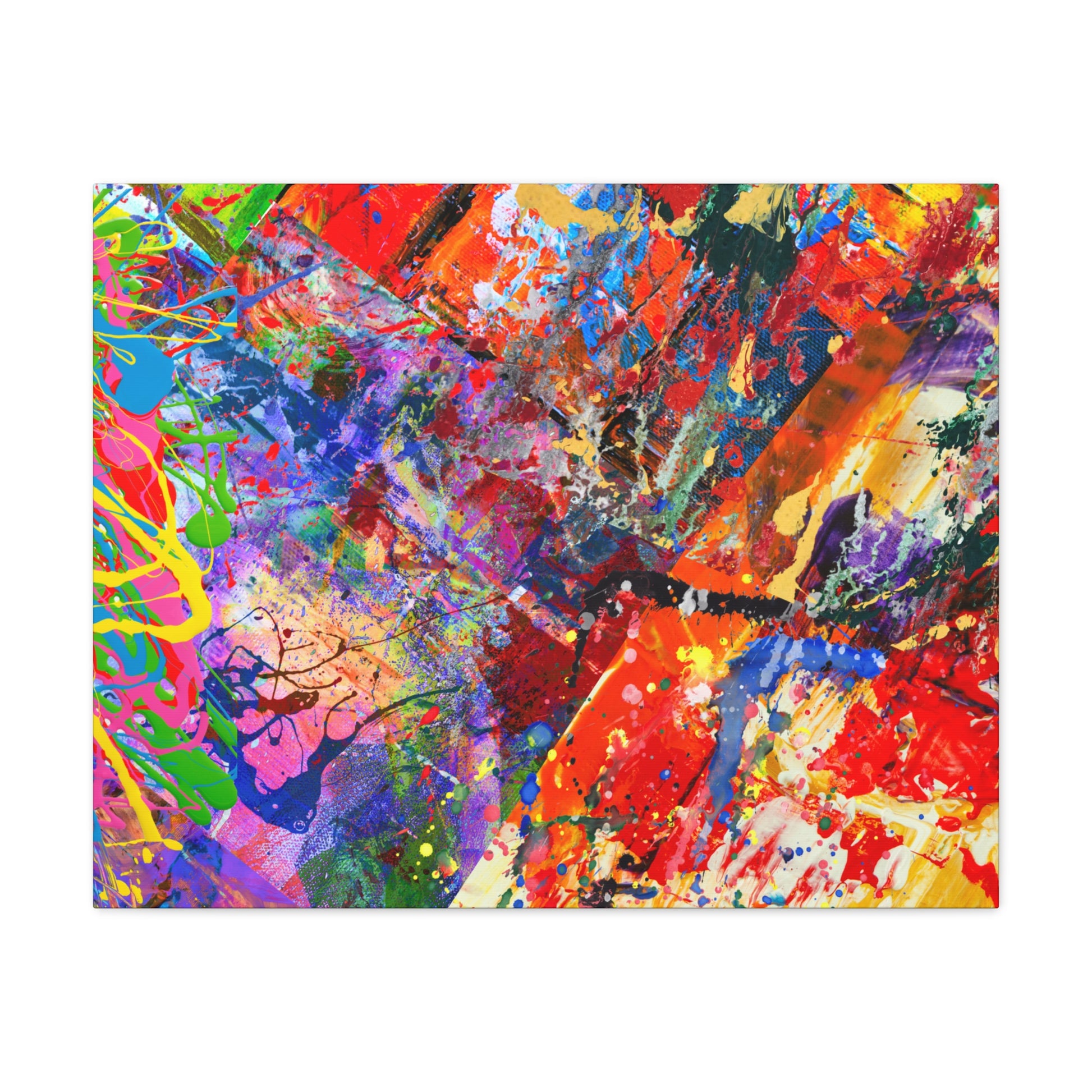 Colorful canvas abstract art print kaleidoscope collision featuring vibrant splashes and dynamic shapes