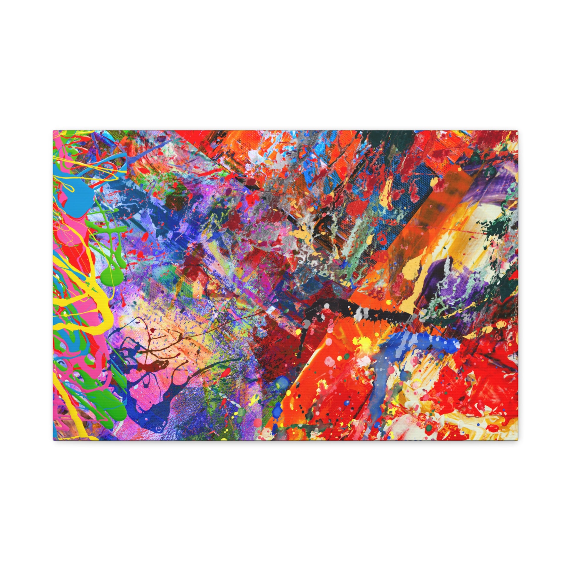 Colorful canvas abstract art print kaleidoscope collision with vibrant splashes of red, blue, purple, and yellow