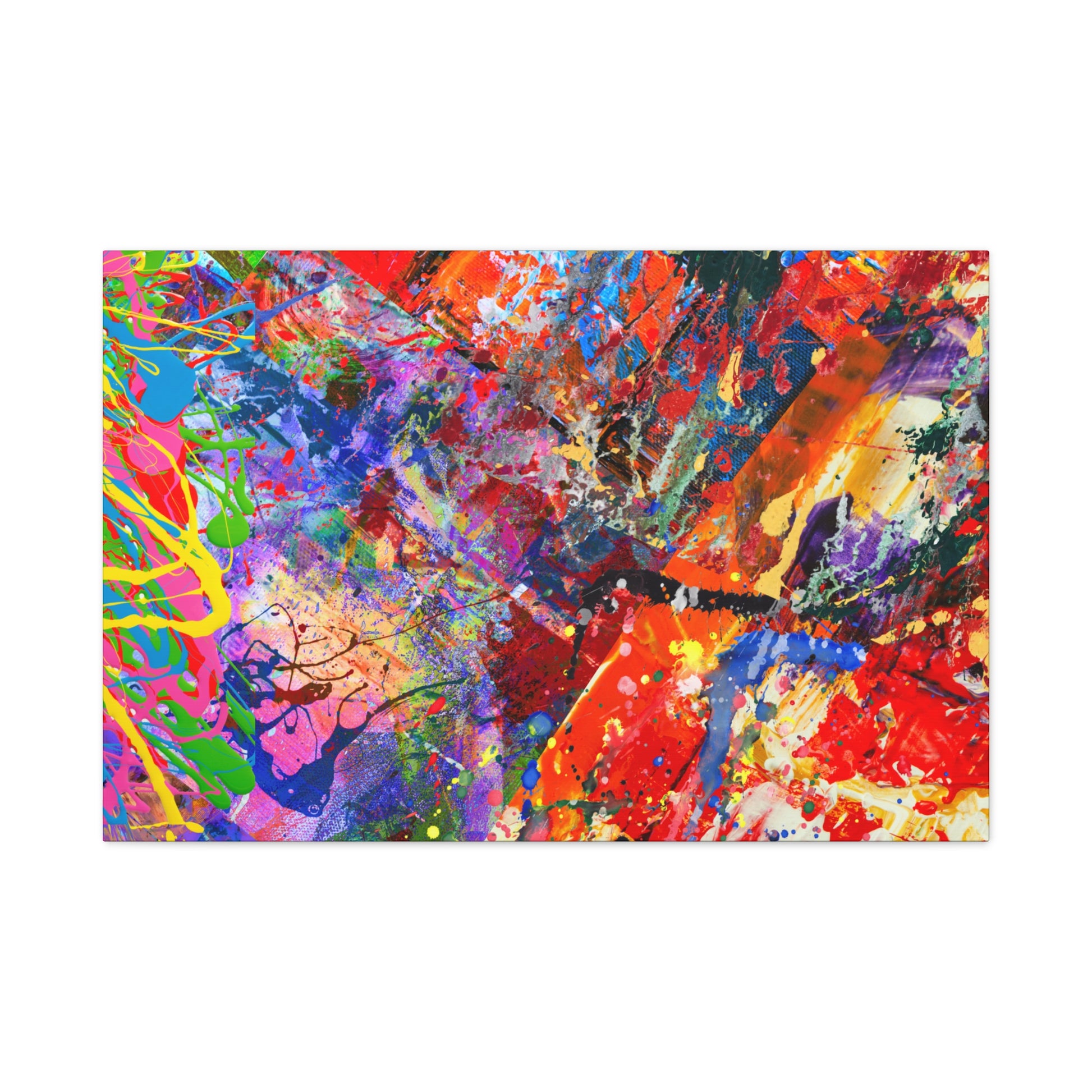 Colorful canvas abstract art print kaleidoscope collision with vibrant splashes of red, blue, yellow, and green by Printify
