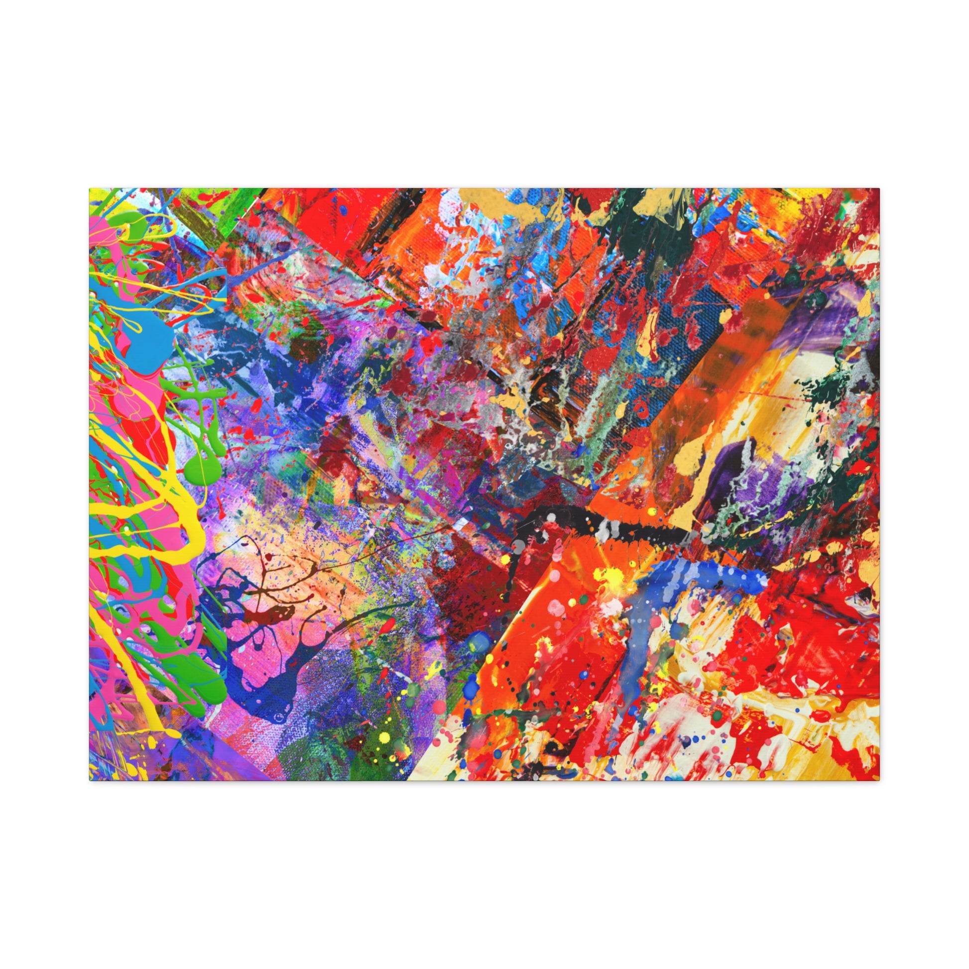Colorful canvas abstract art print kaleidoscope collision with vibrant splashes of red, blue, green, and yellow