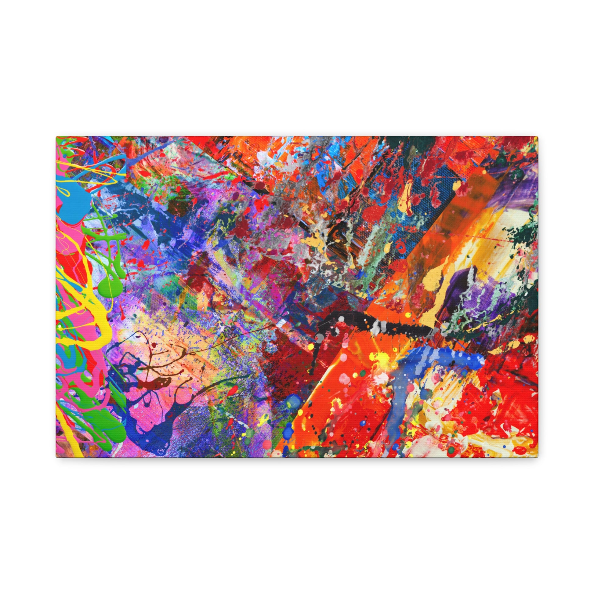 Colorful canvas abstract art print kaleidoscope collision with vibrant splashes and dynamic brushstrokes