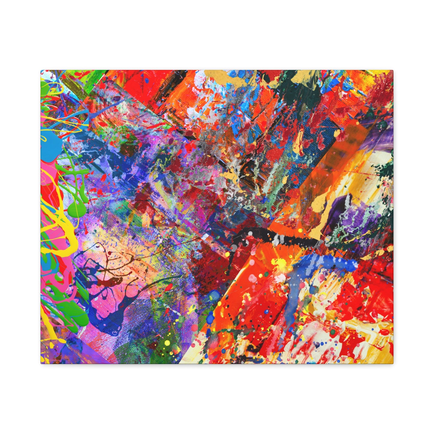 Colorful canvas abstract art print kaleidoscope collision with vibrant splashes and dynamic brush strokes on Printify canvas