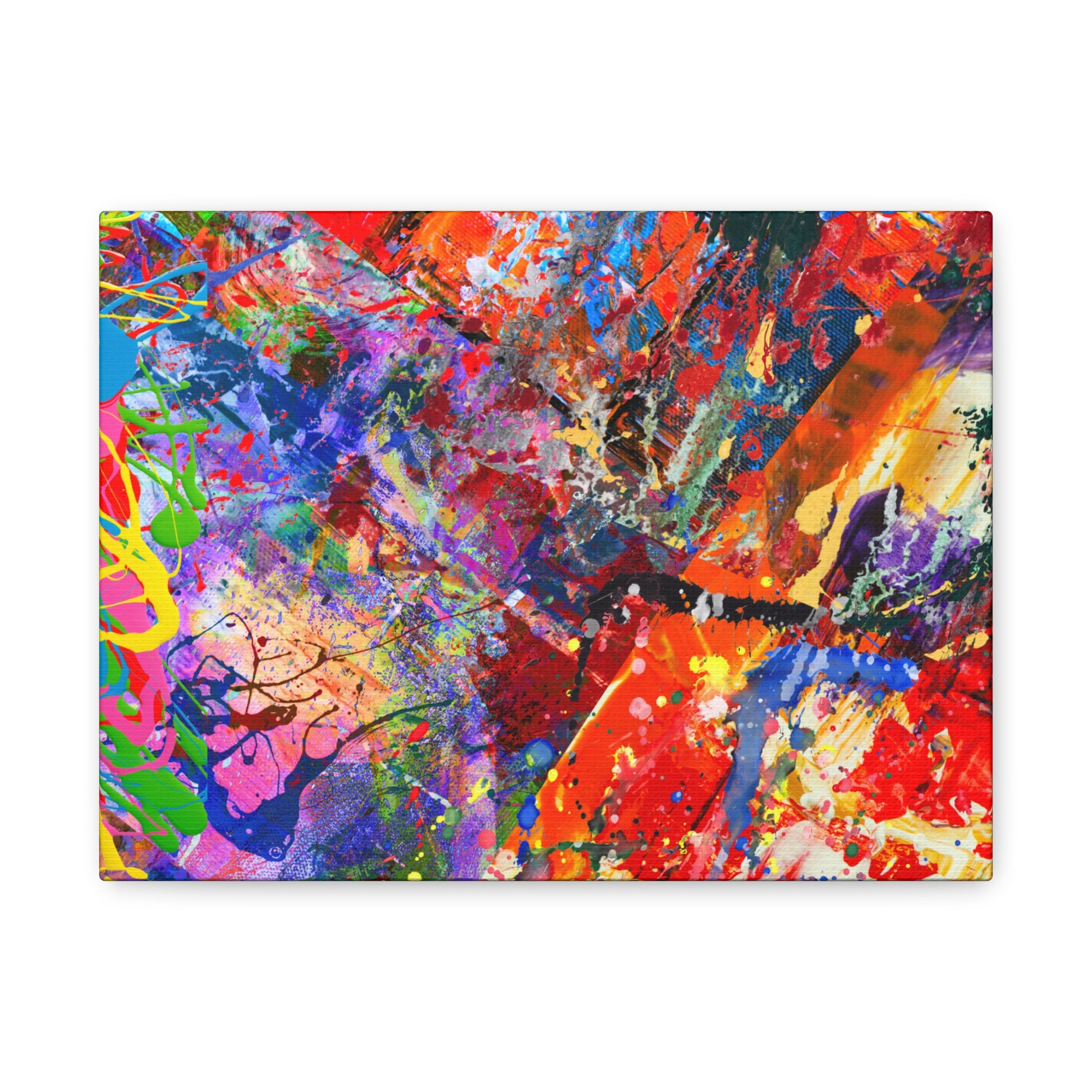 Colorful canvas abstract art print kaleidoscope collision with vibrant splashes of red blue purple and green