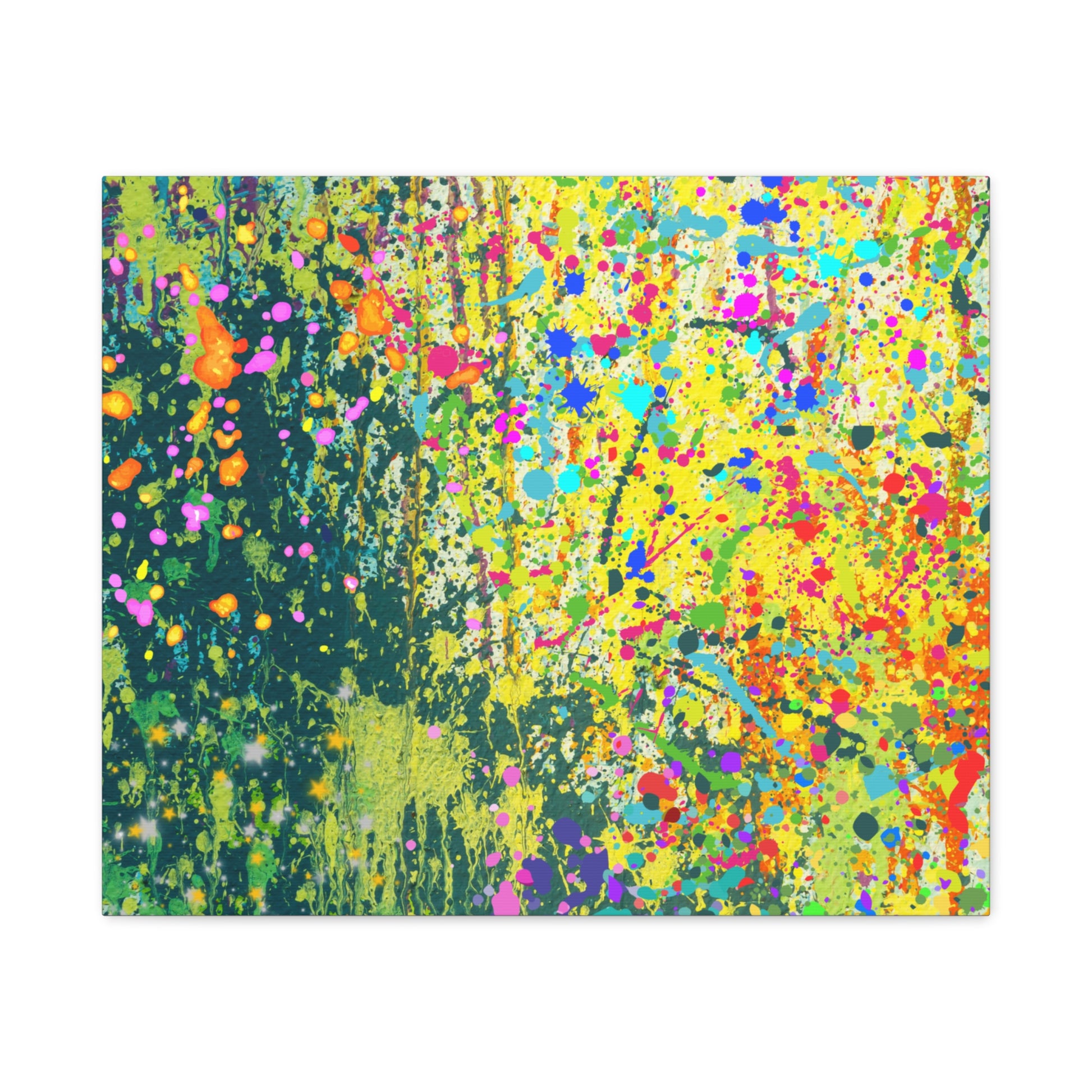 Vibrant colorful paint splatter abstract art canvas print with bright splashes and diverse colors
