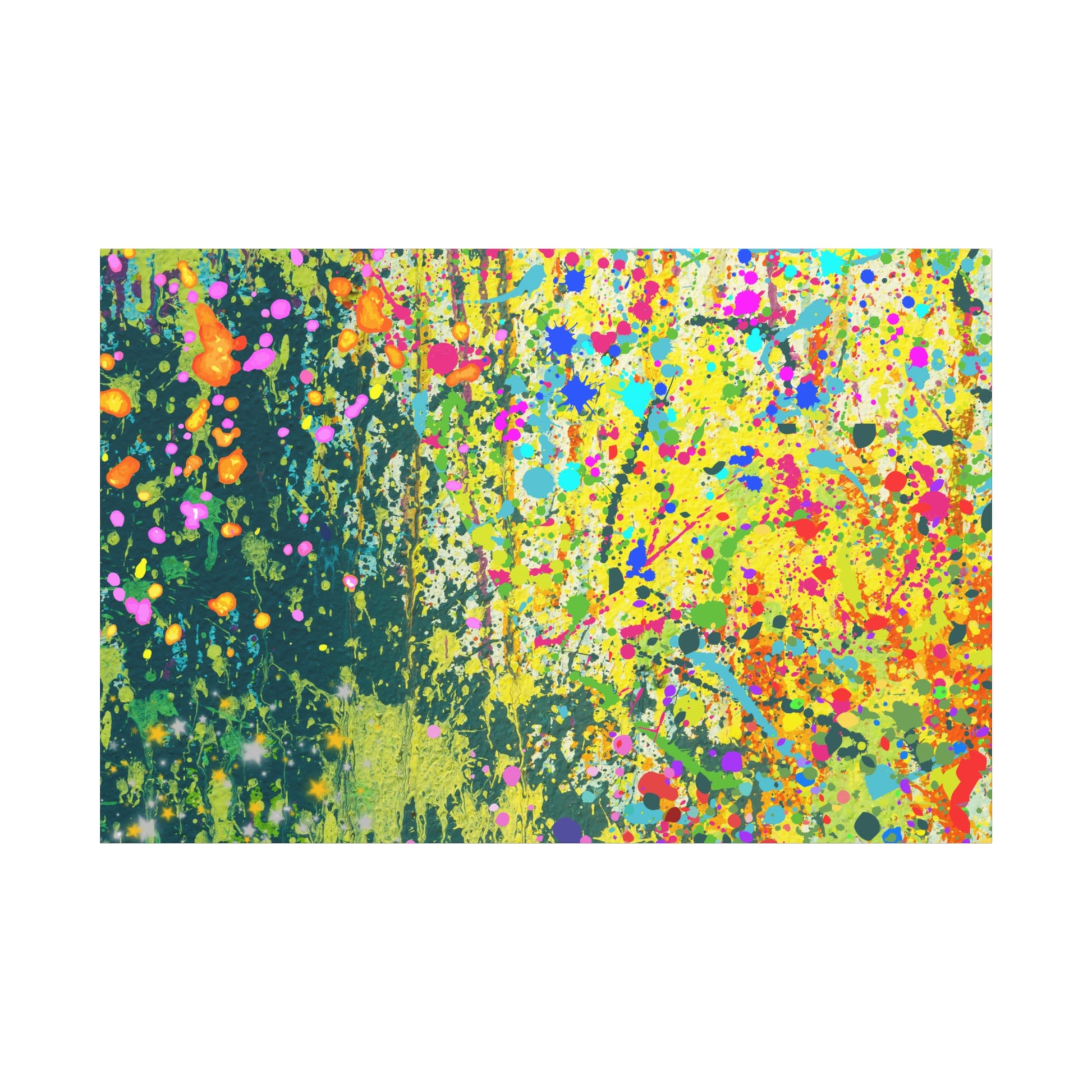 Vibrant colorful paint splatter abstract art canvas print with bold colors and dynamic patterns
