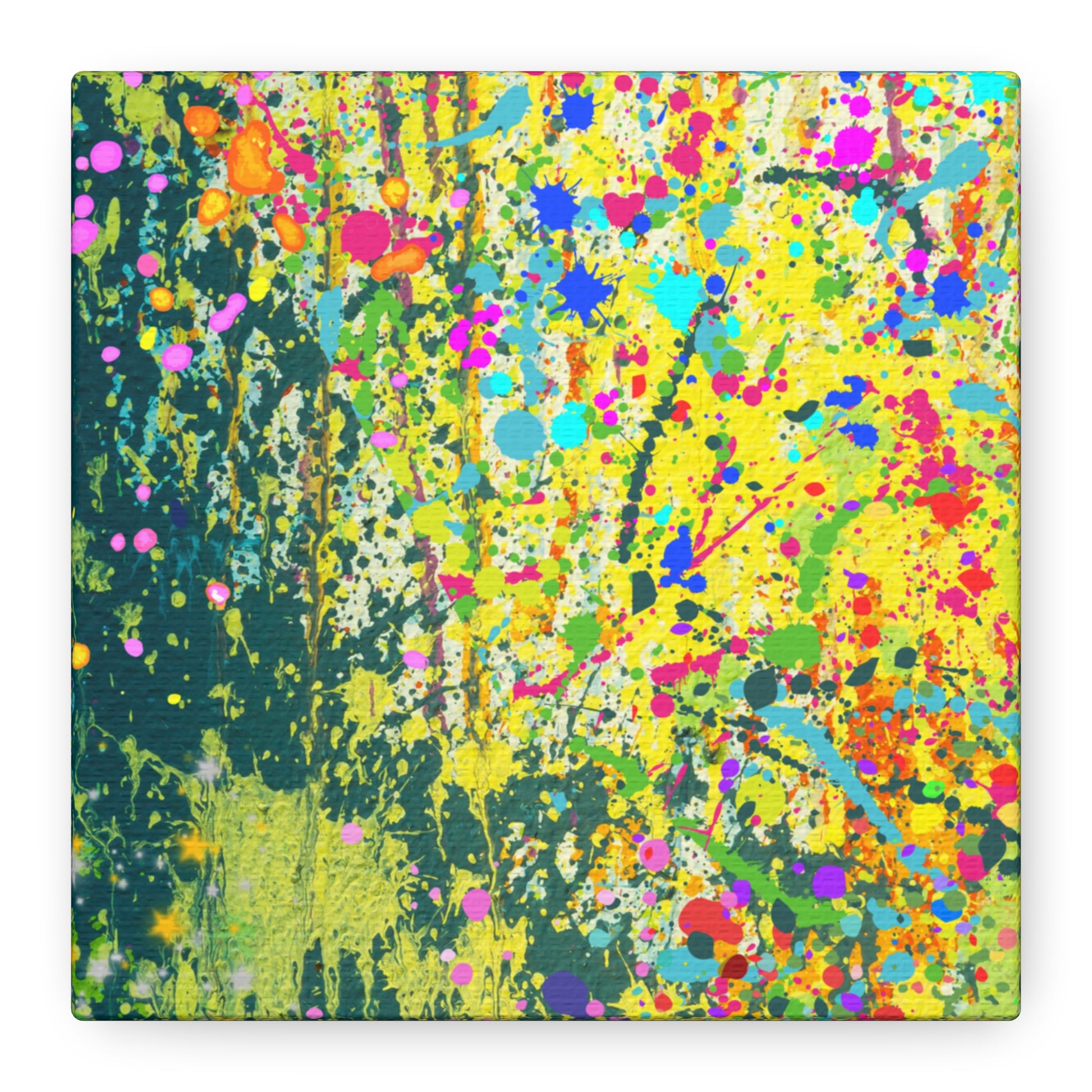 Vibrant colorful paint splatter abstract art canvas print with vivid colors and dynamic design