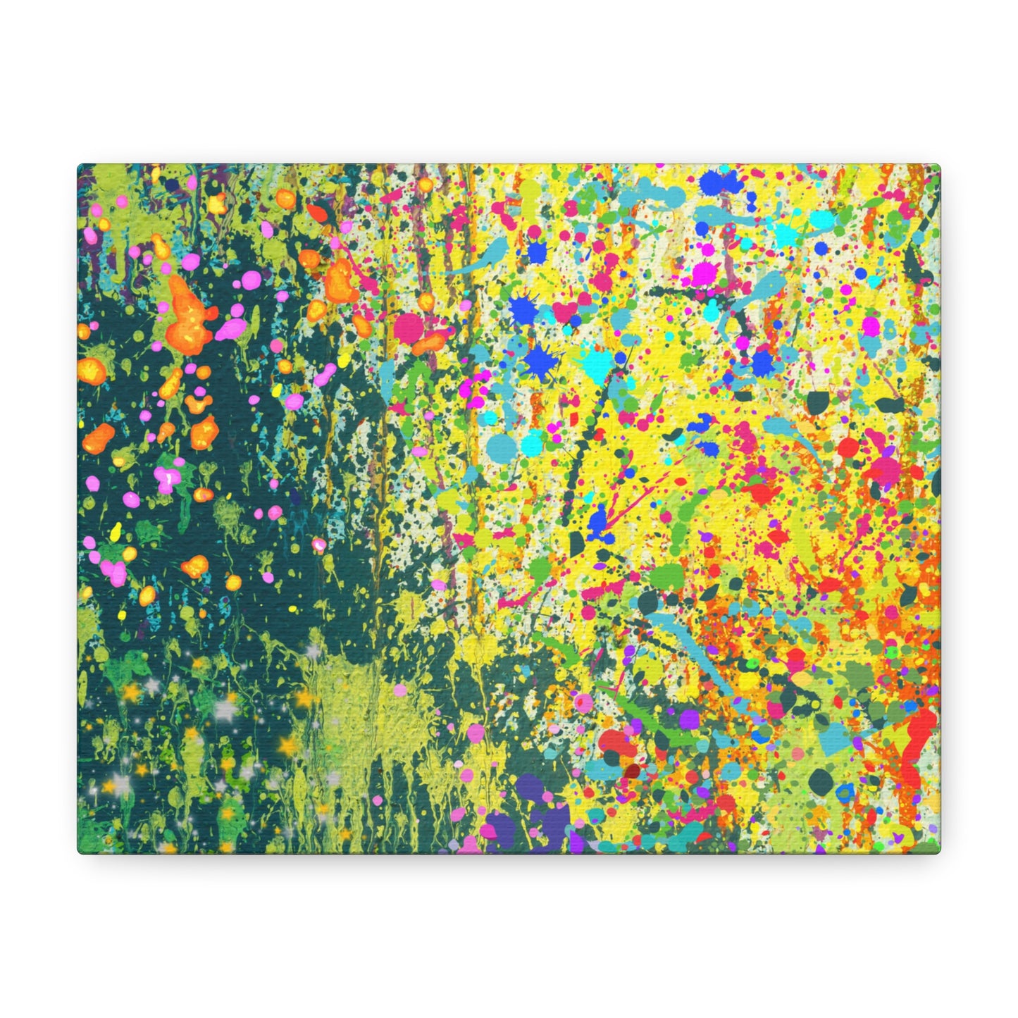Vibrant colorful paint splatter abstract art canvas print with dynamic colors and patterns