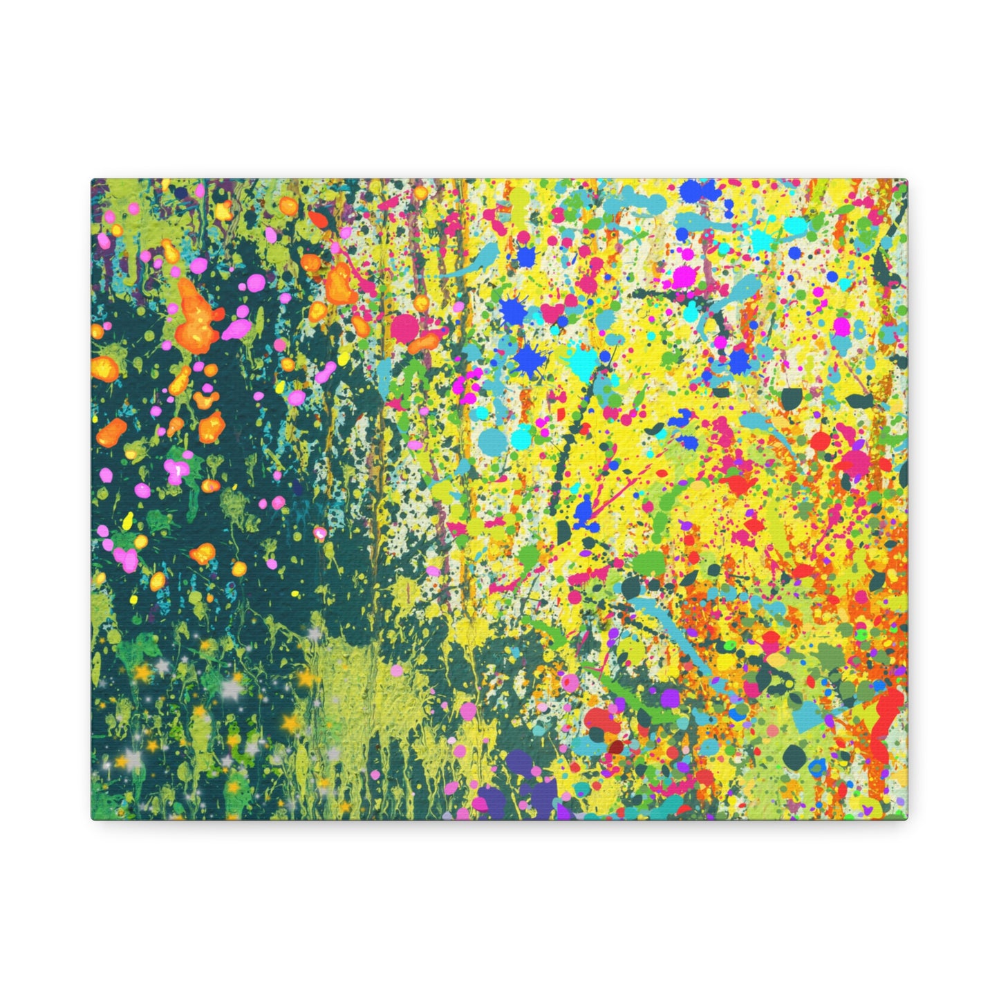 Vibrant colorful paint splatter abstract art canvas print featuring a lively mix of colors and textures