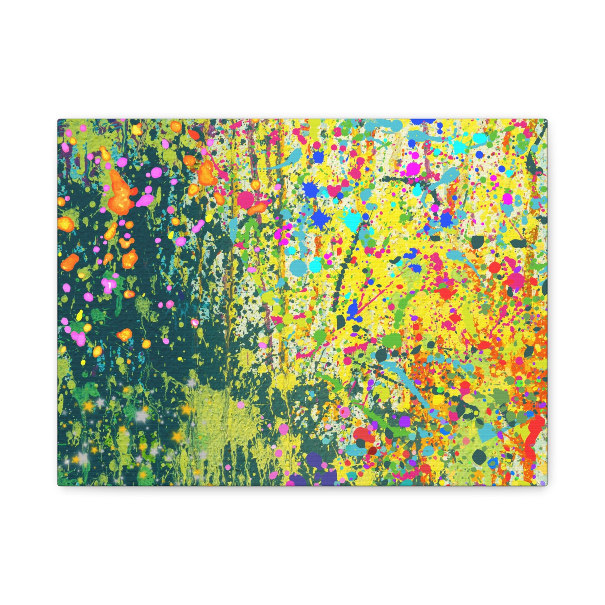 Vibrant colorful paint splatter abstract art canvas print showcasing a lively explosion of colors