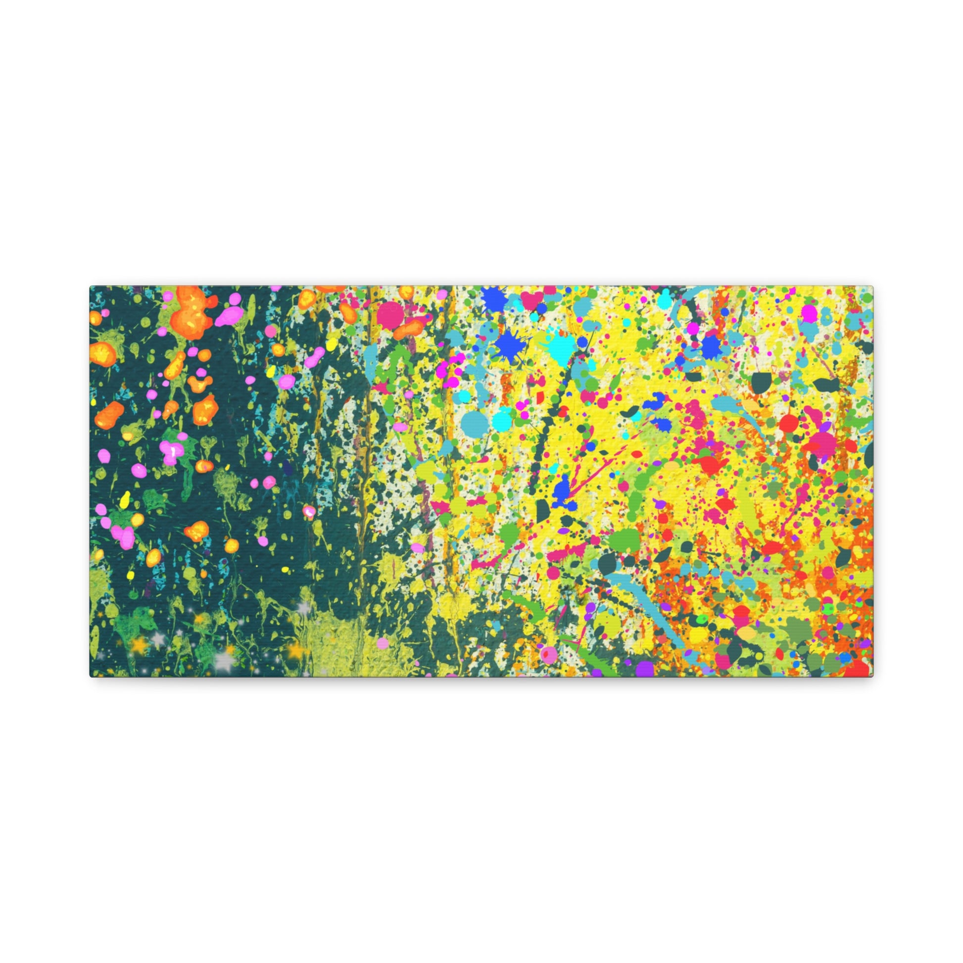 Vibrant colorful paint splatter abstract art canvas print with bright multi-colored designs