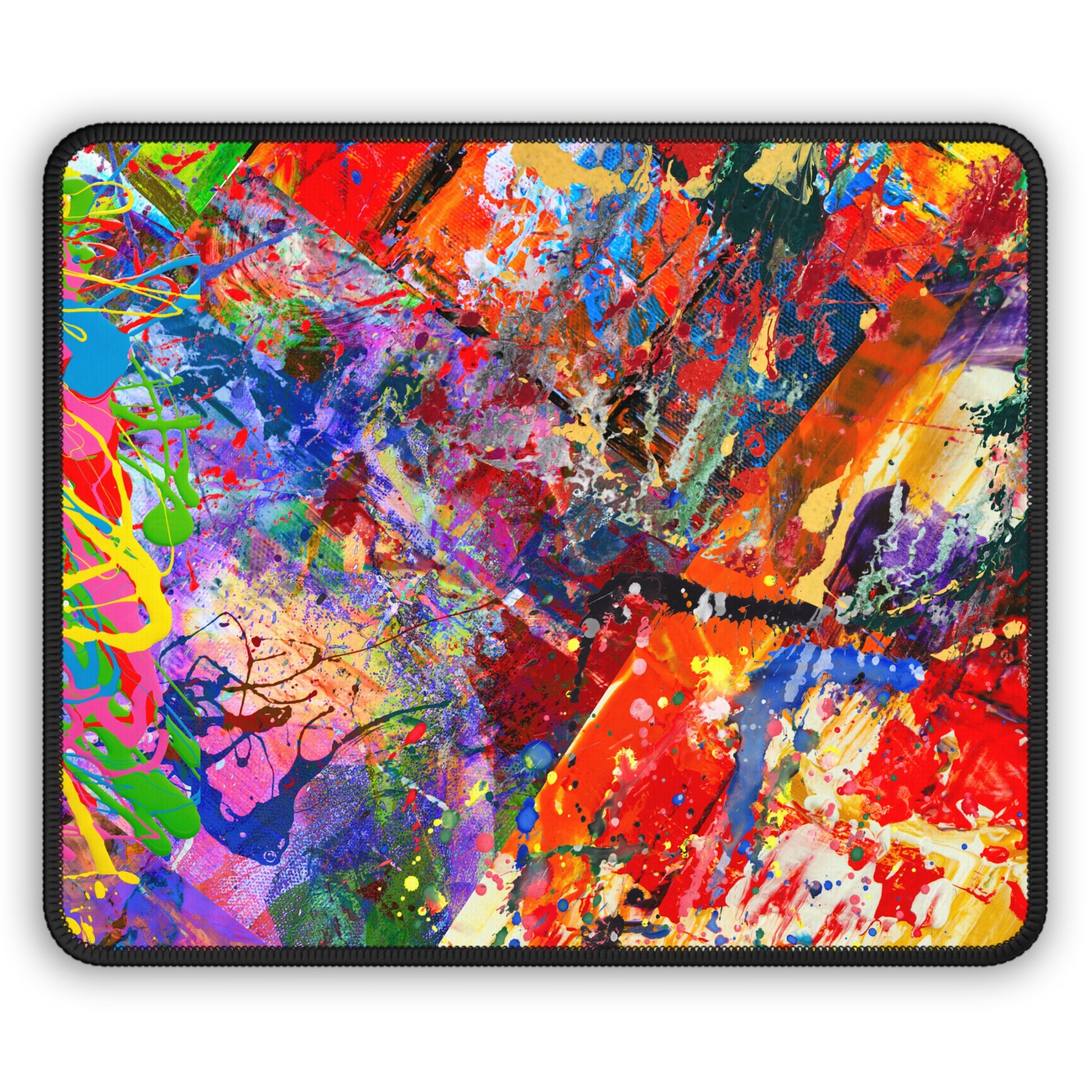kaleidoscope collision bold colorful abstract art mousepad featuring vivid multicolor paint splashes and stitched black edge